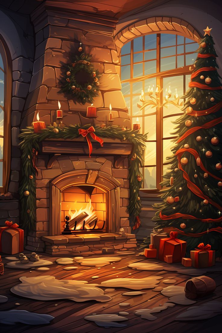 Christmas wallpaper with fireplace