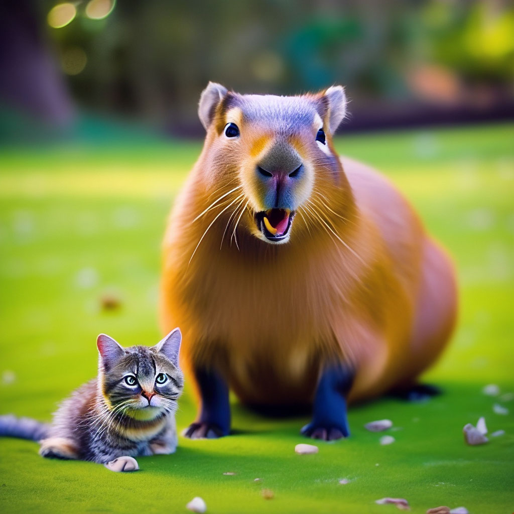 The cat is very happy with the capybara, and the capybara eats grass!
