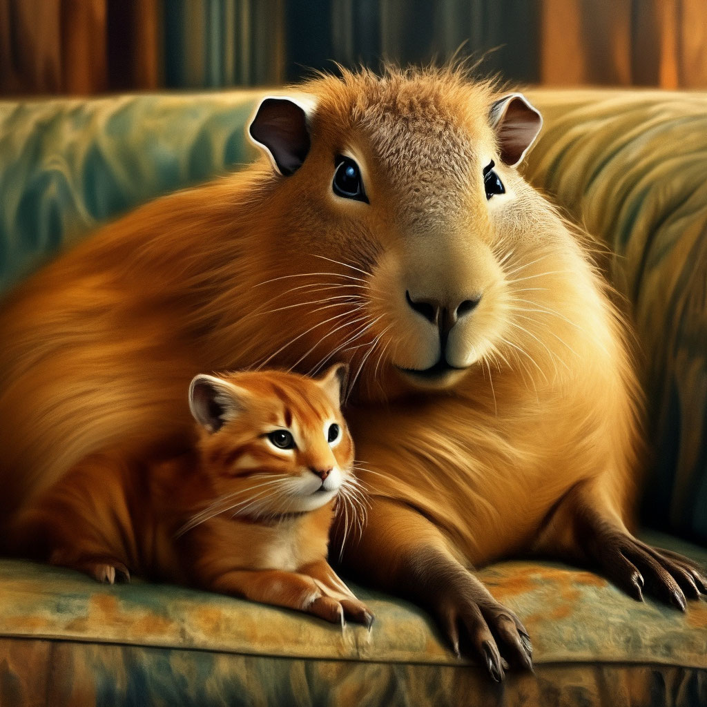 A capybara with a kitten is lying on the sofa