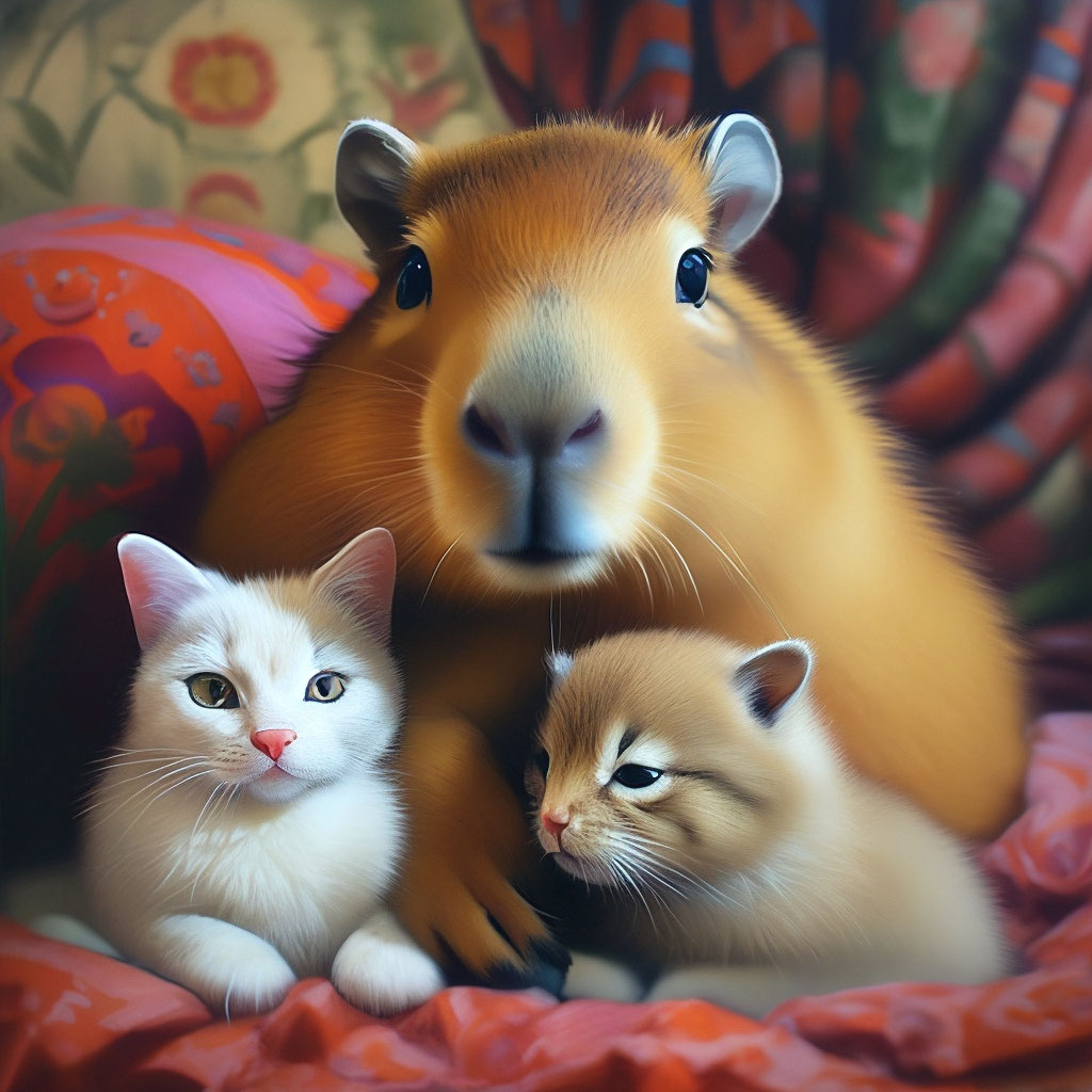 Capybara cuddles with a cat and a bunny