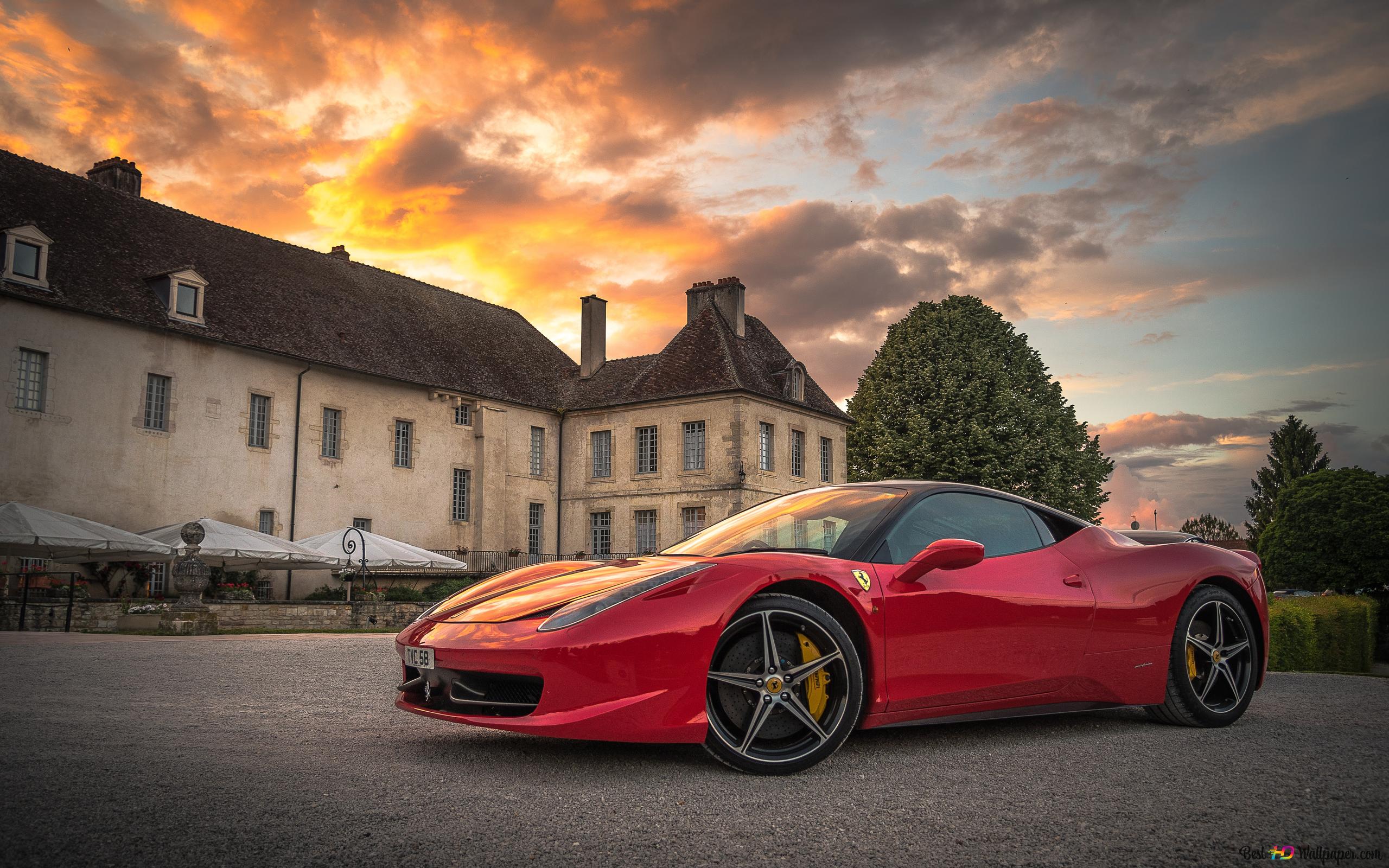 Red Ferrari and big mansion 4K wallpaper download