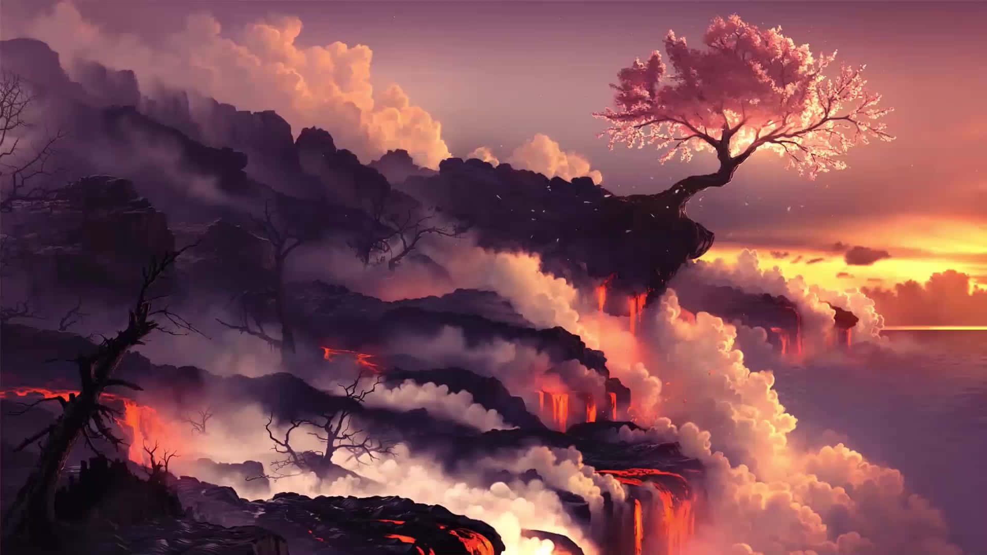 Download A Tree On A Cliff With Lava And A Sunset Wallpaper