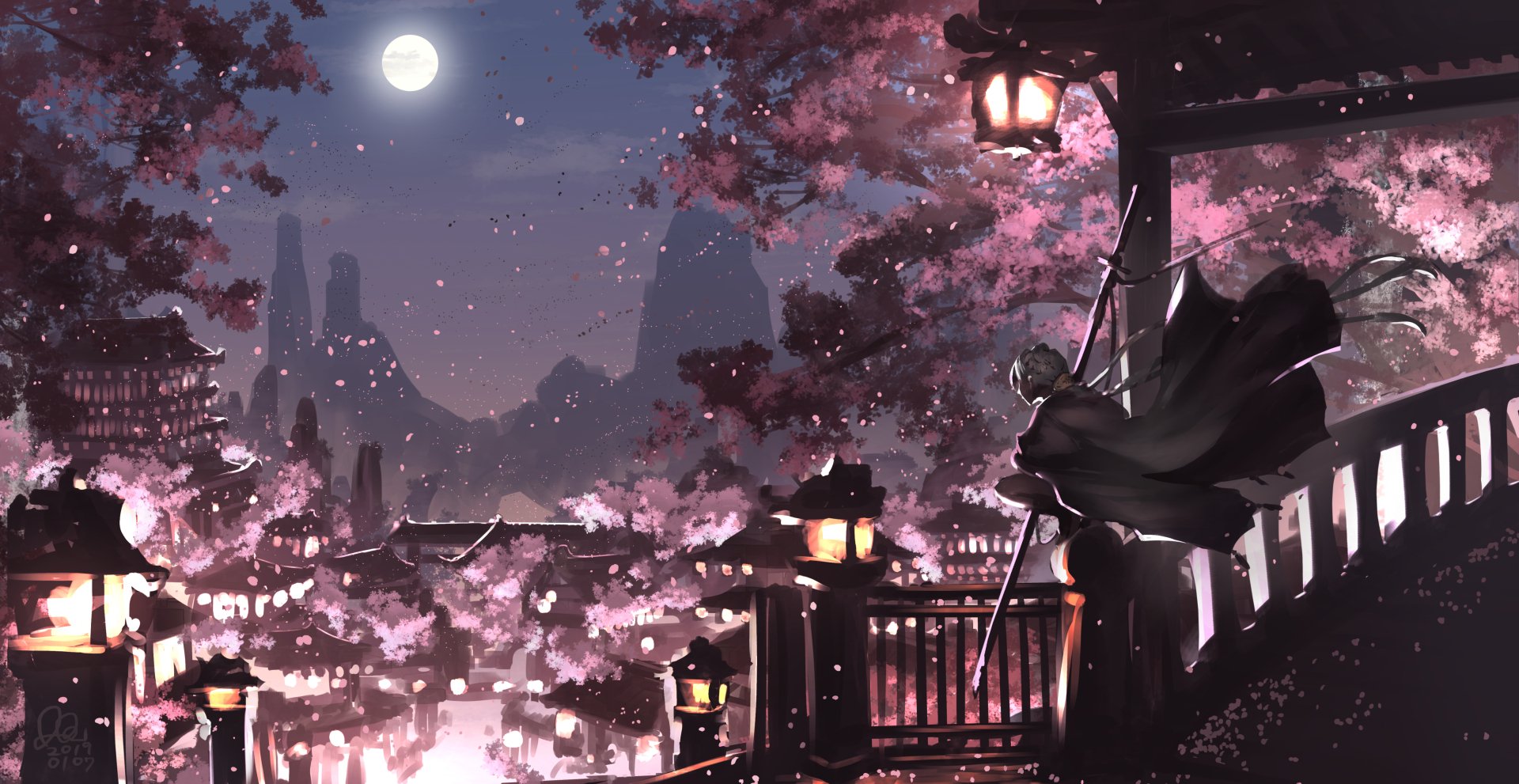 Moonlit Samurai Sakura Ultra HD Wallpaper by 双木ロウカ