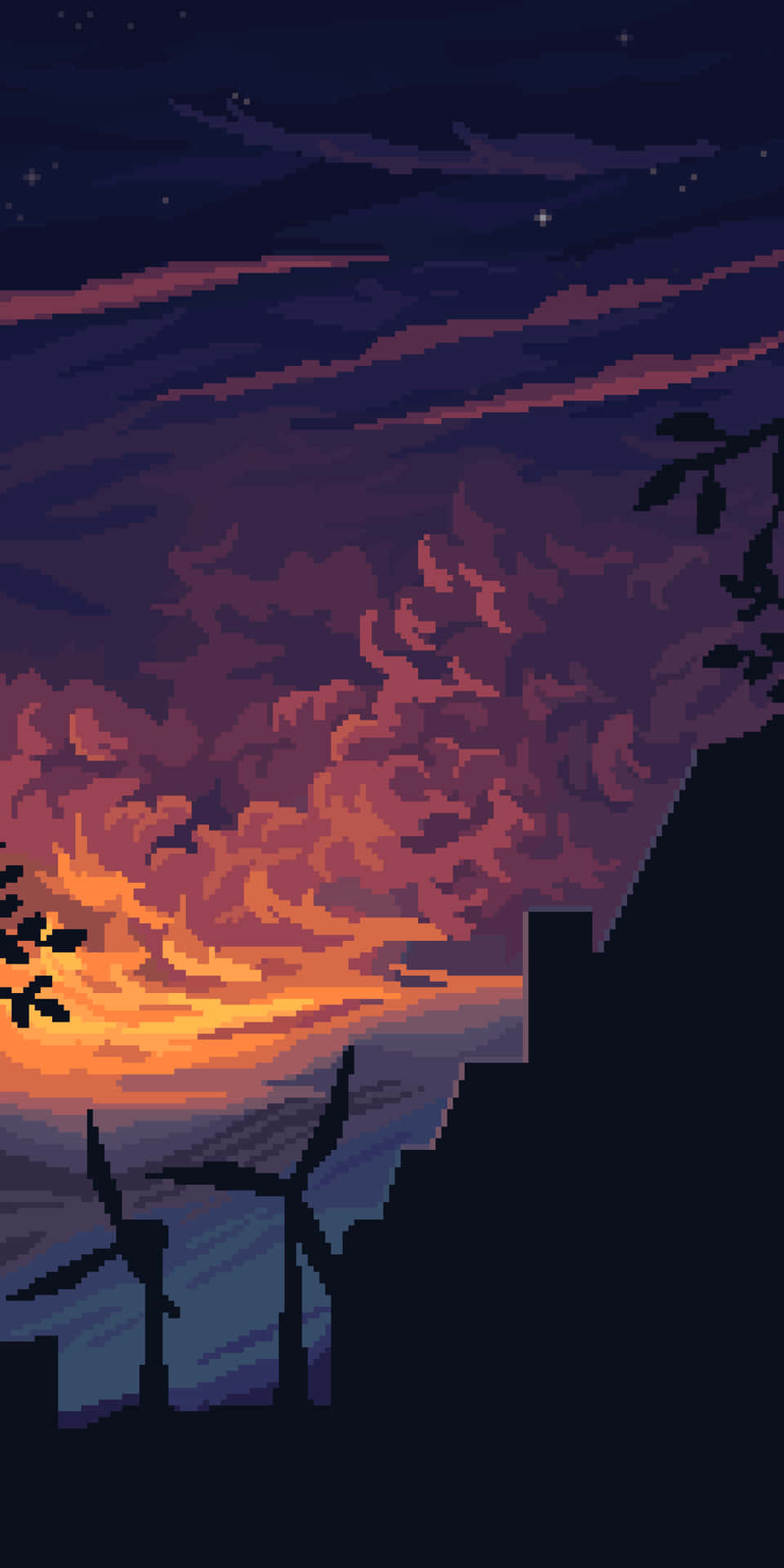 Download A Sunset With Wind Turbines And Trees Wallpaper
