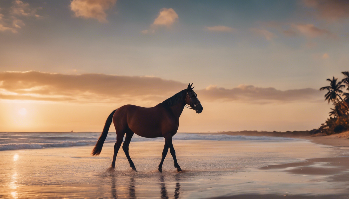 A sleek brown horse in preppy attire, sporting specks and a fancy hat, strolling on a beach during sunset. Wallpaper [6793a81c502043b2987d]