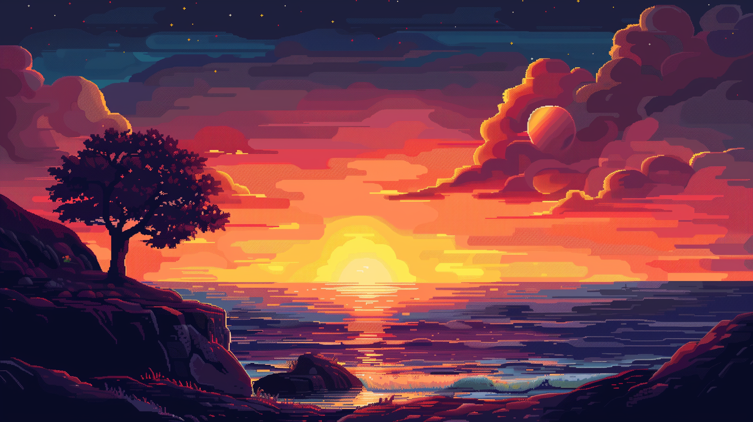 Pixel Art Sunset: Serene Nature HD Wallpaper