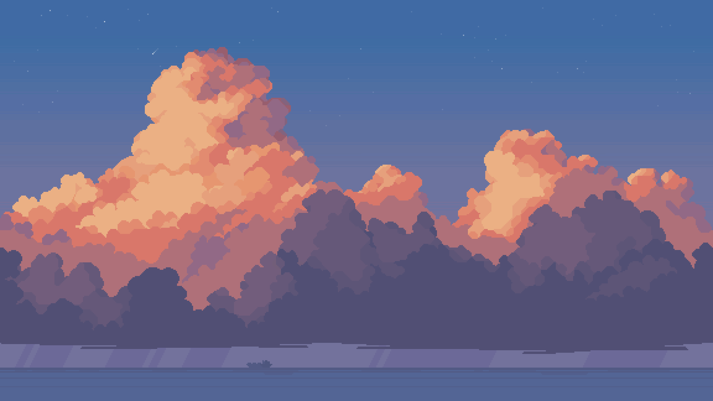 Pixelated sunset behind the clouds game background