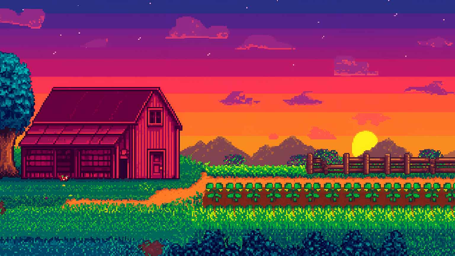 Stardew Valley Farmhouse Sunset Pixel Art Cozy Wallpaper 4k