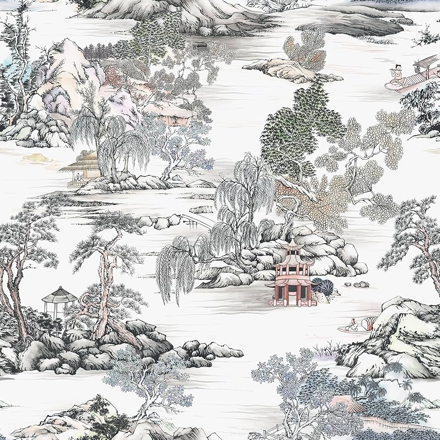 VaryStyle Vintage Chinoiserie Wallpaper Antique Landscape Peel and Stick Wallpaper Vintage Stick on Wallpaper for Bedroom 17.7x118 Removable Self Adhesive Retro Contact Paper for Cabinets Walls