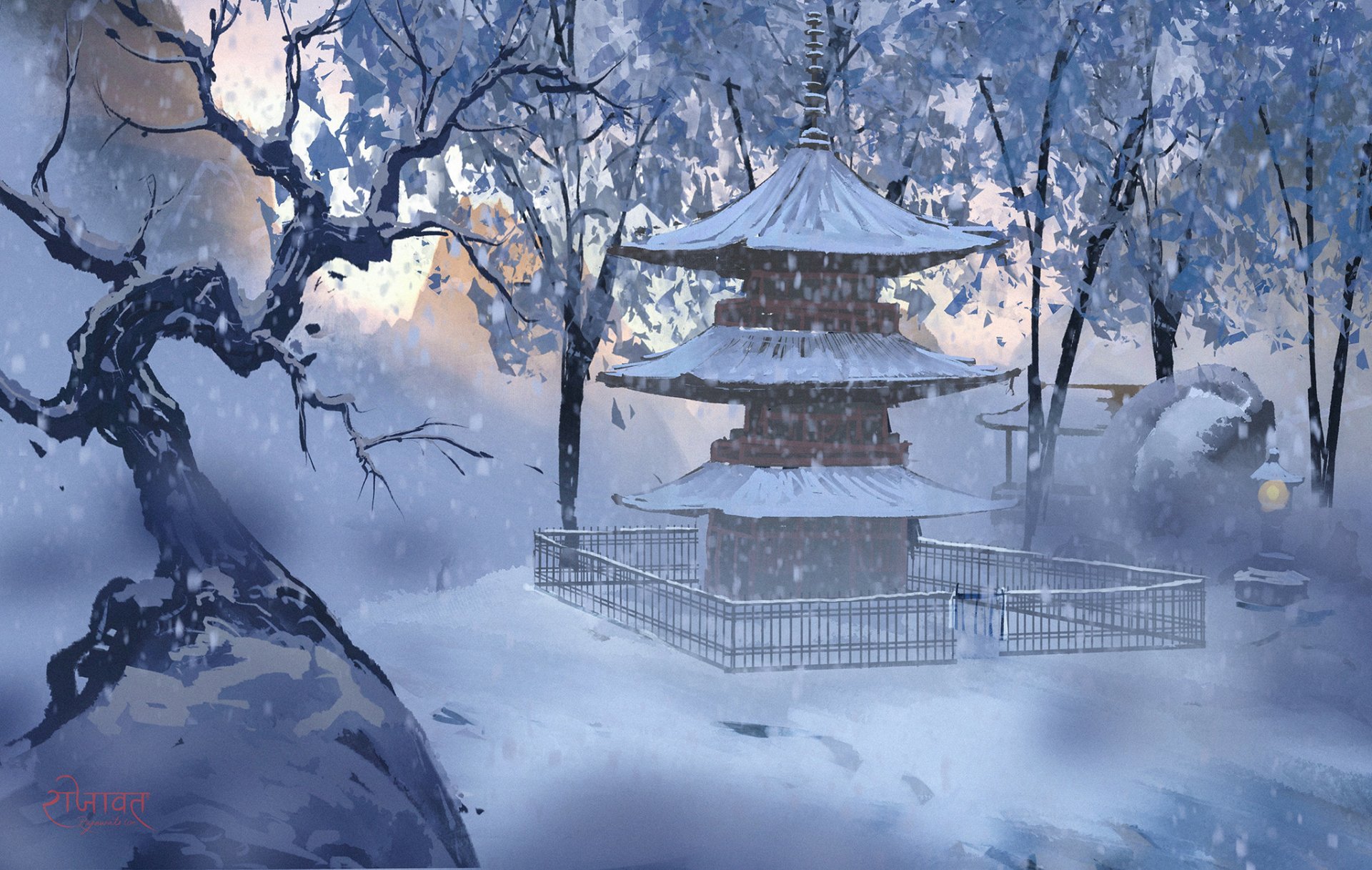 Winter Shrine Serenity: Snow Covered Anime Temple HD Wallpaper By Surendra Rajawat