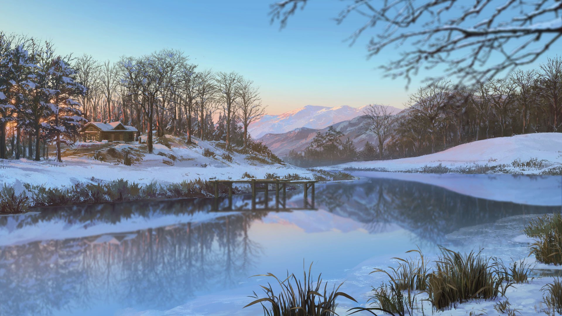 Winter Serenity: Snowy Mountain Lake House Anime HD Wallpaper