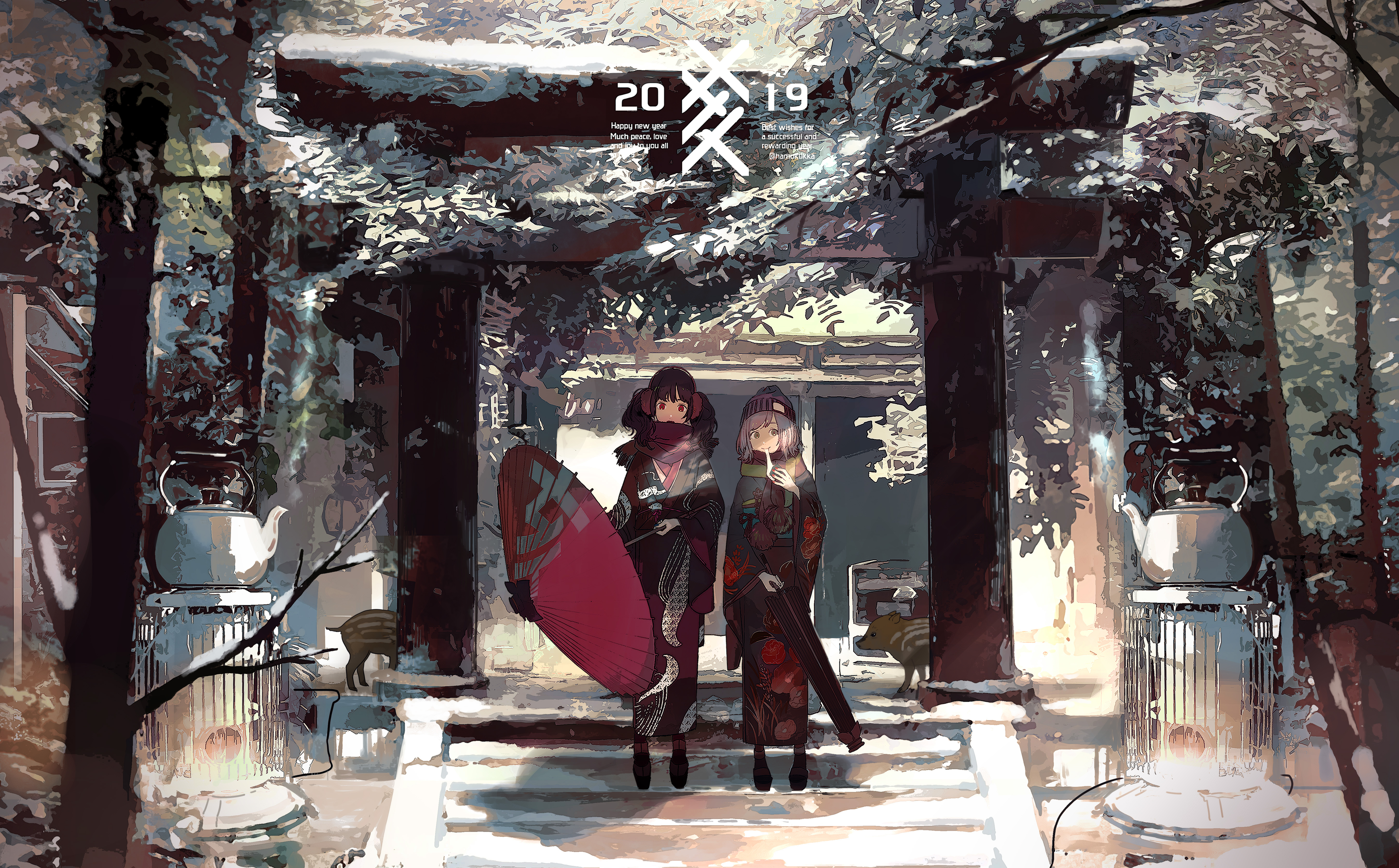 Anime Kimono Winter Stroll Ultra HD Wallpaper
