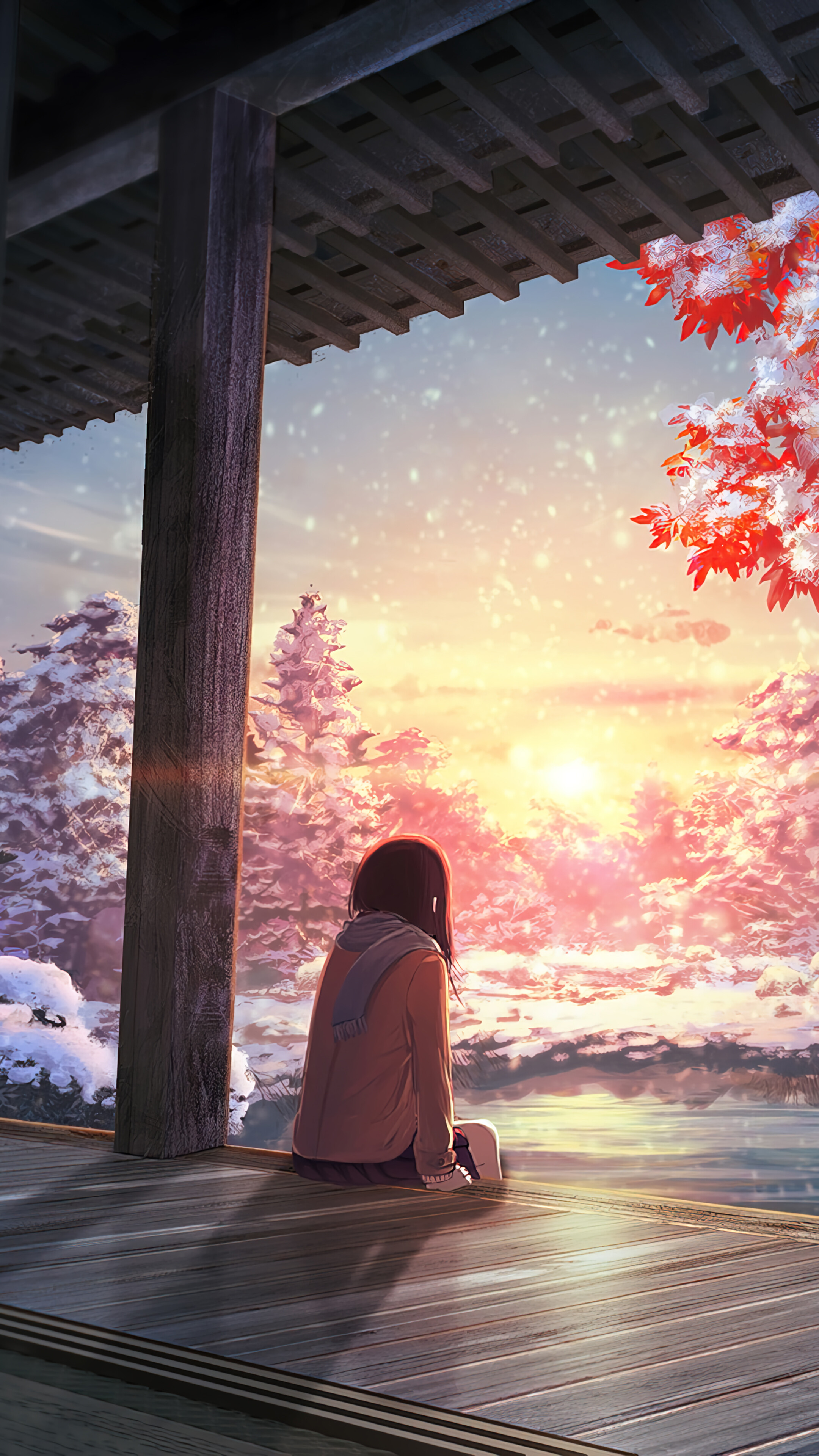 Winter Autumn Anime Girl Sunset Wallpaper iPhone Phone 4K e