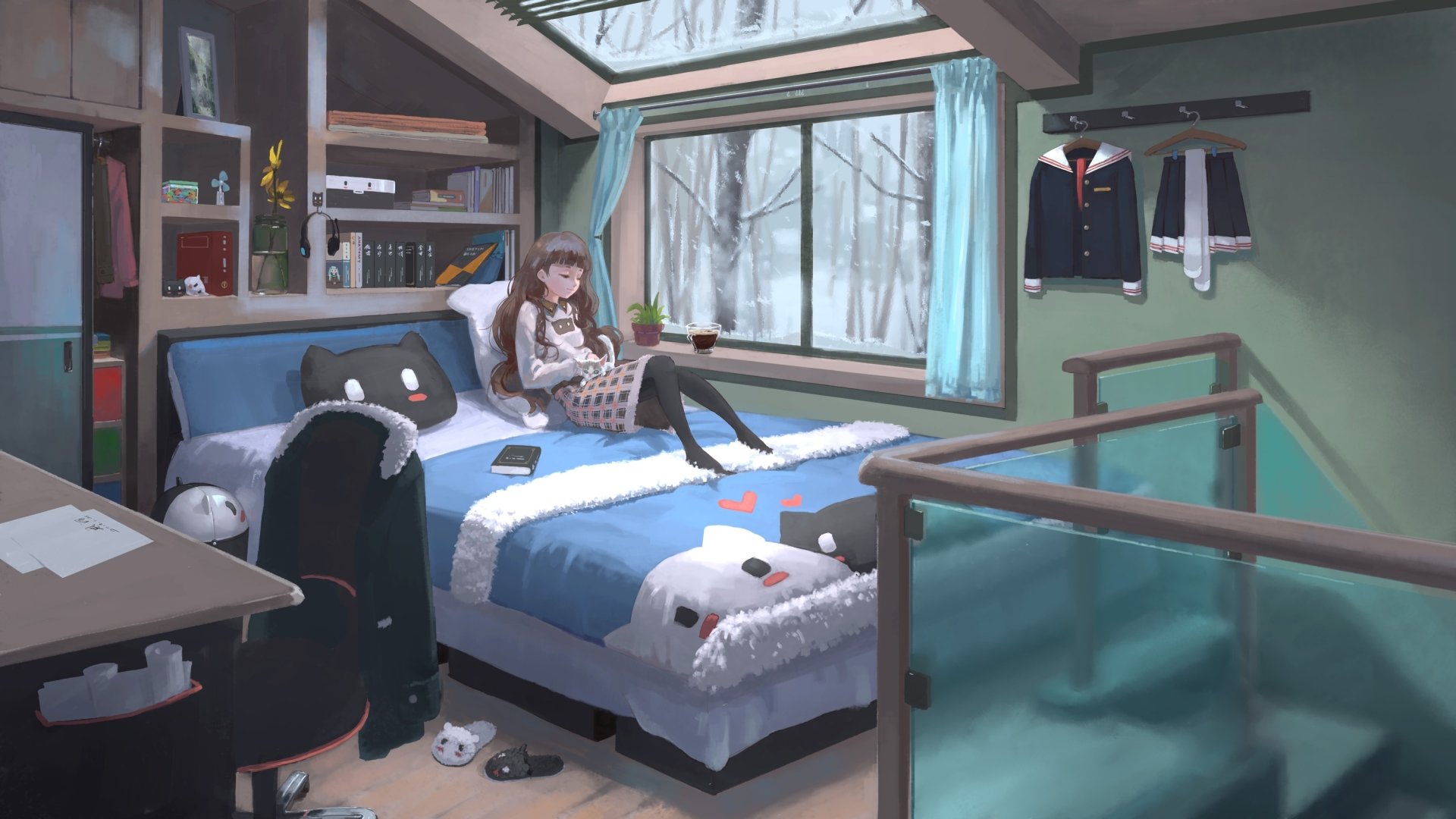Cozy Anime Room HD Wallpaper: A Peaceful Winter Retreat by 小半みるく