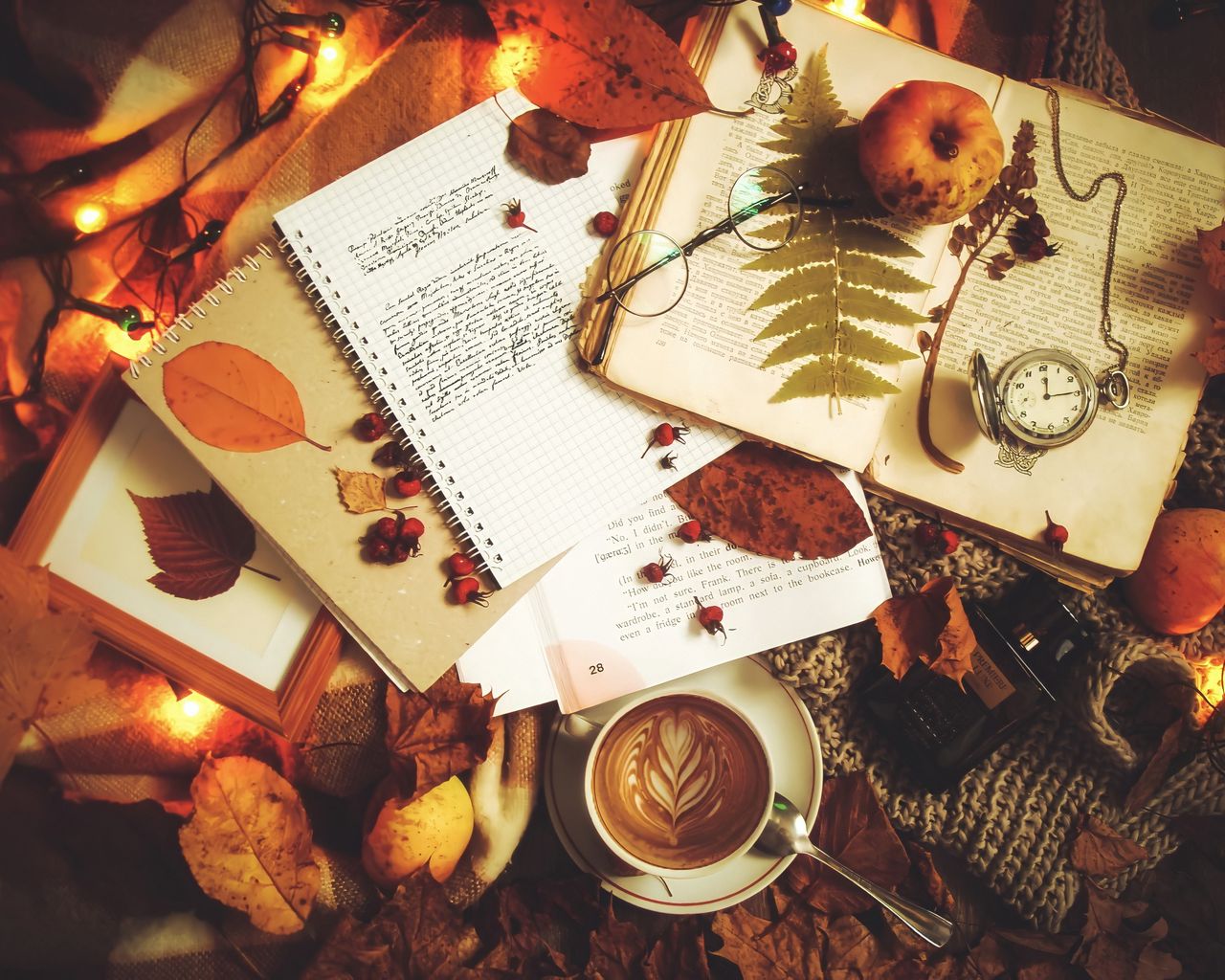Download wallpaper 1280x1024 coffee, notebook, autumn, text, inscription standard 5:4 HD background