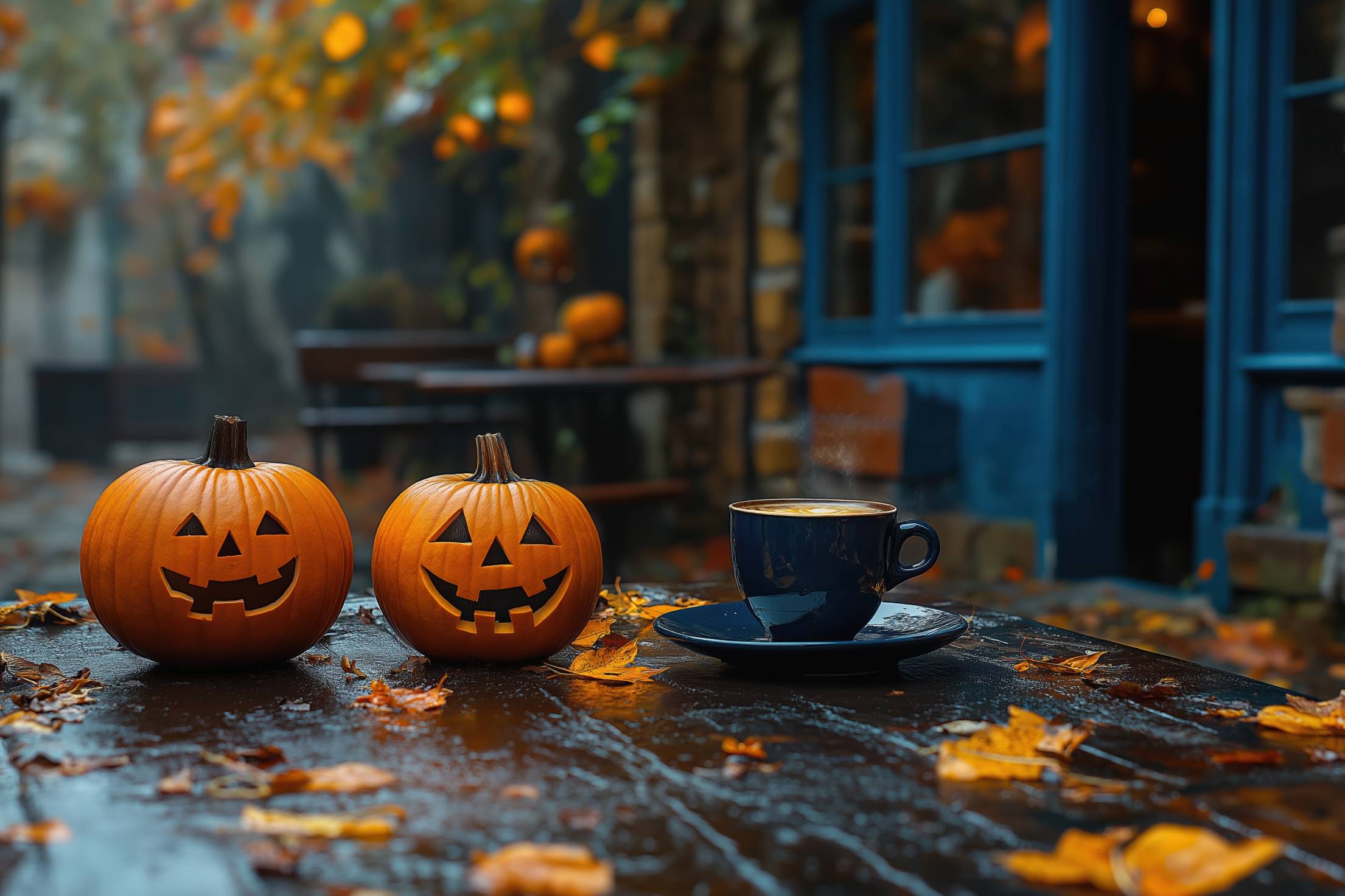Autumn Still Life in Cafe with Halloween Pumpkins. Free Halloween Image