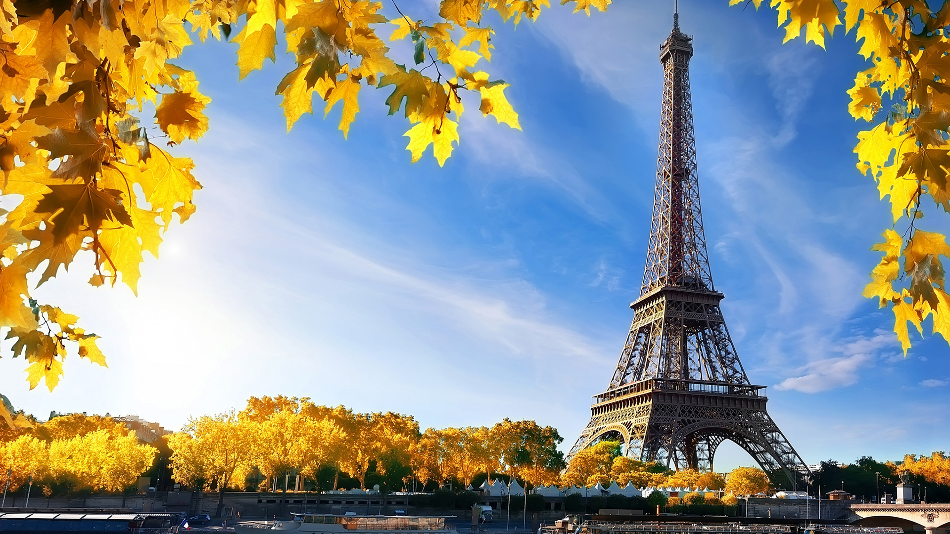Paris Eiffel Tower And Trees With Yellow Leaves With Blue Sky And Clouds Background HD Travel Wallpaper