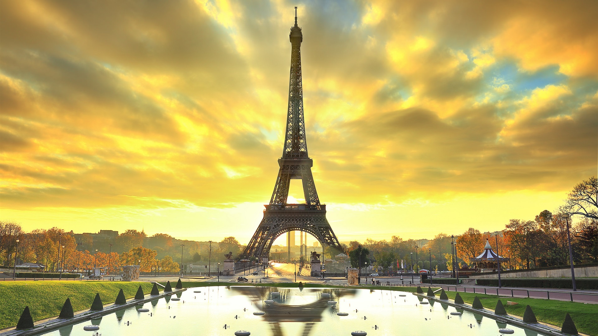 Wallpaper Paris, Eiffel tower, city, water, autumn, sunrise 1920x1200 Picture, Image