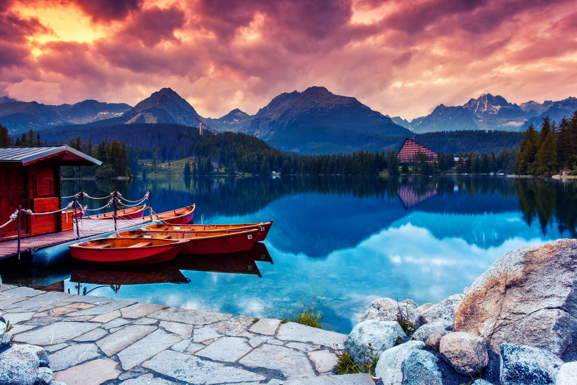 Download Sunset Mountain Lake Slovakia Boat Vehicle Canoe HD Wallpaper