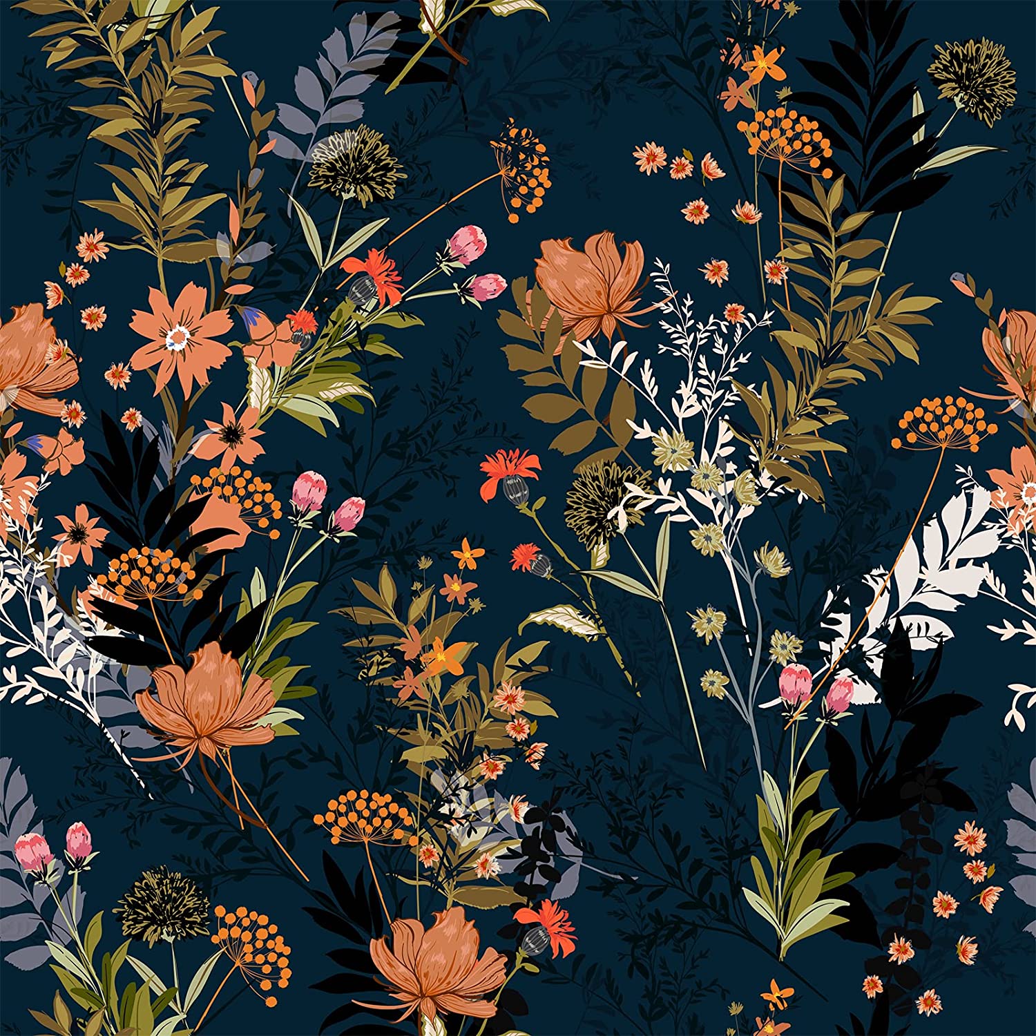 VEELIKE Midnight Blue Meadow Floral Wallpaper