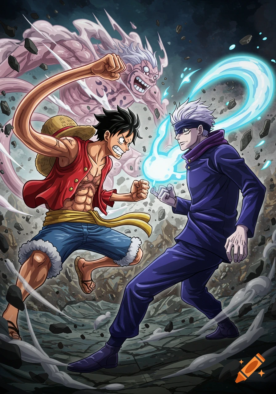 Anime illustration of Luffy fighting Gojo in a rocky landscape on Craiyon