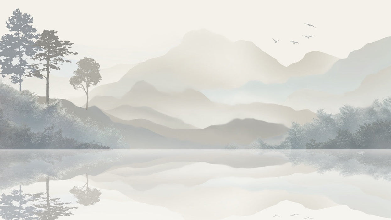 Peaceful Landscape Wallpaper Mural. Misty Forest Reflects on a Calm Lake