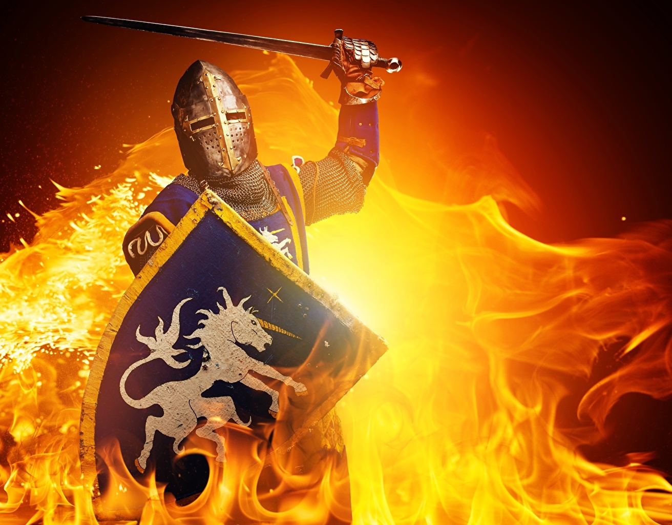 Wallpaper Knight armour Shield Helmet Middle Ages Fantasy Fire