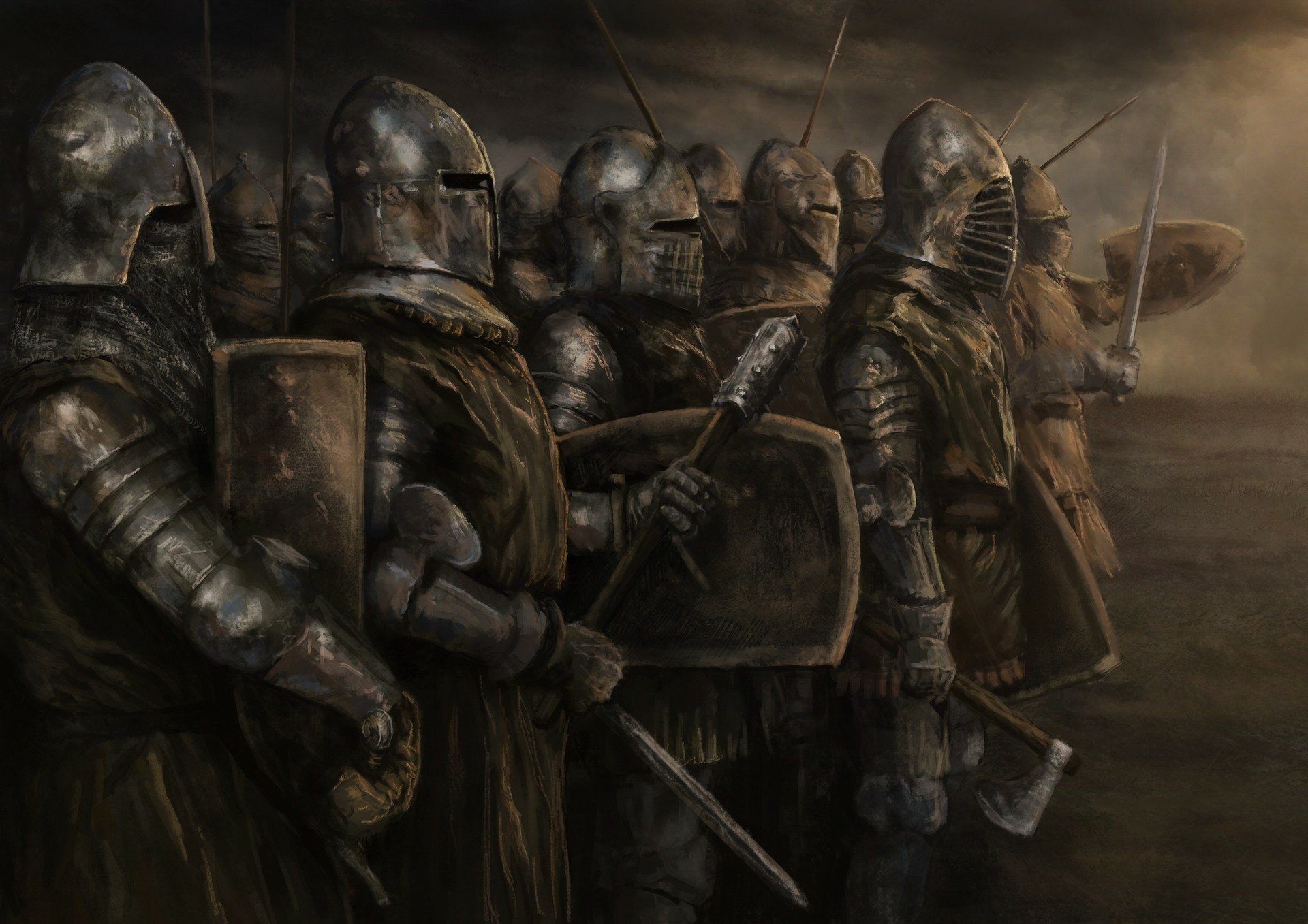 Epic Fantasy Knights in Full Armor: Axe, Sword & Shield HD Wallpaper