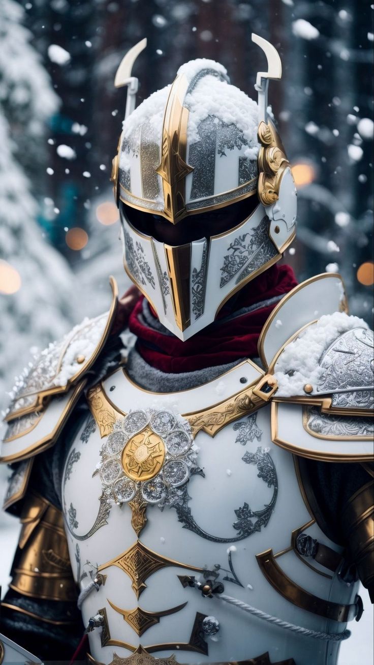 Wallpaper knight, armor, helmet, white, gold, snow, winter, art, Art 4K by ♤CRISTIAN♧¿. Download wallpaper knight, armor, helmet, white, gold, snow, winter, art for free
