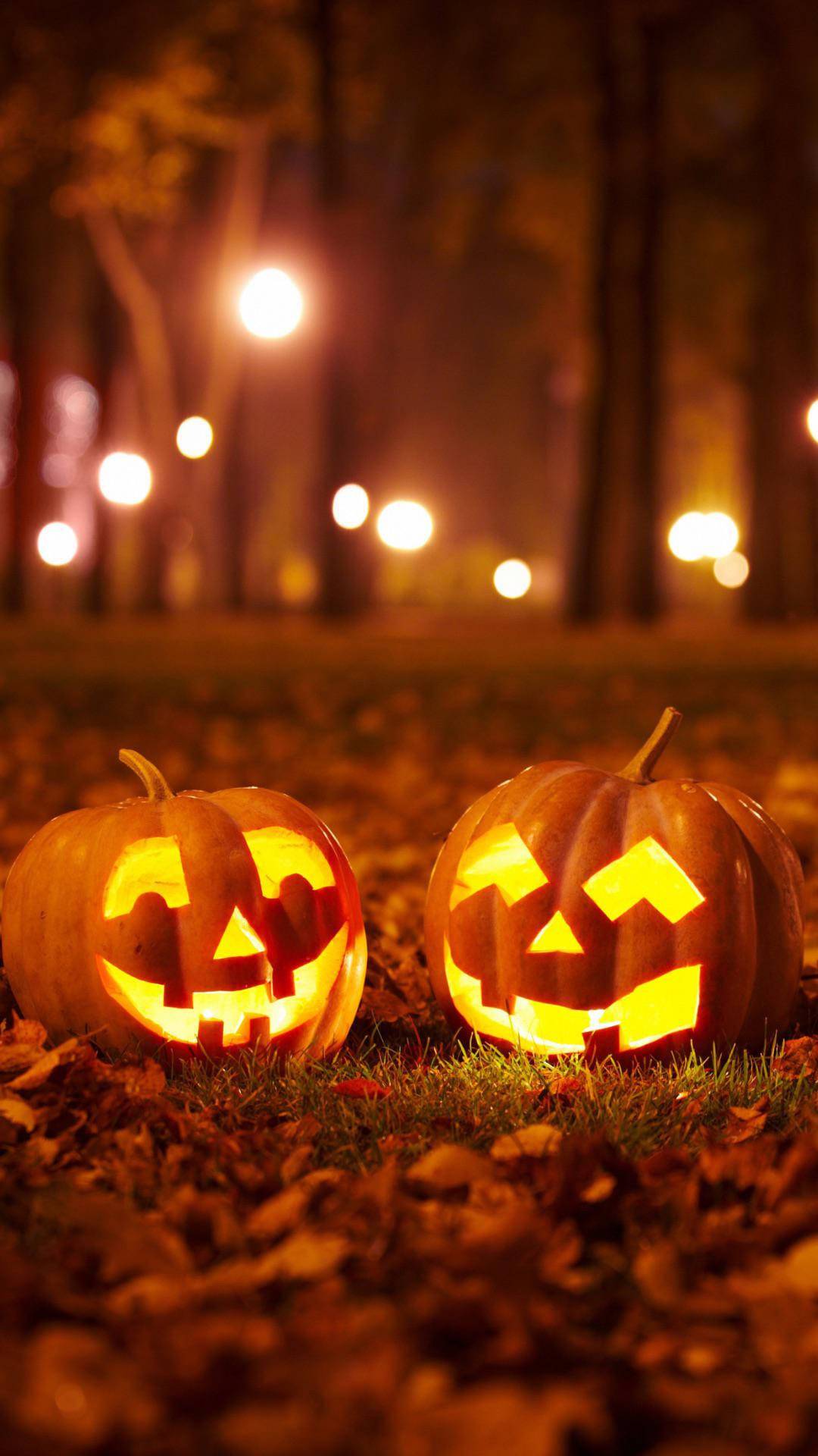 Download Pumpkins In Autumn Forest Halloween Phone Wallpaper