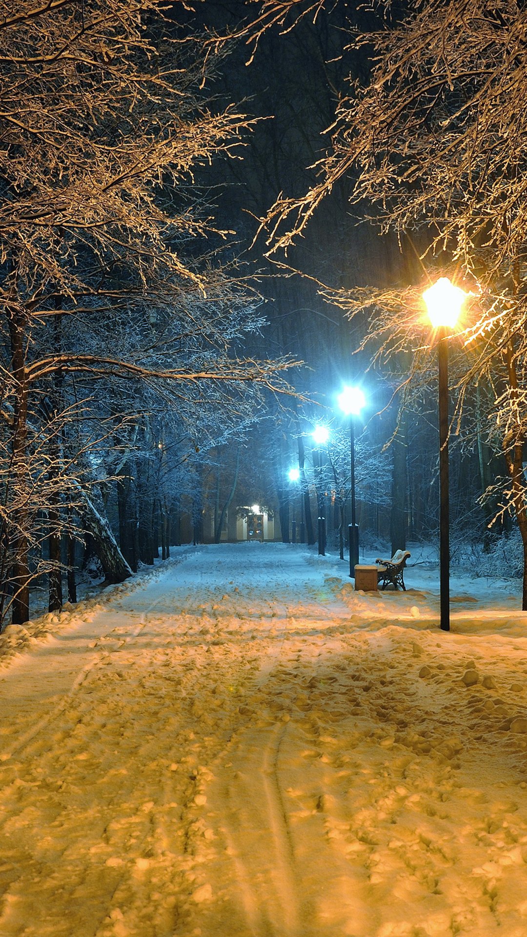 Download Street Light Evening Night Tree Bench Snow Winter Earth Photography Park Winter Night Phone Wallpaper