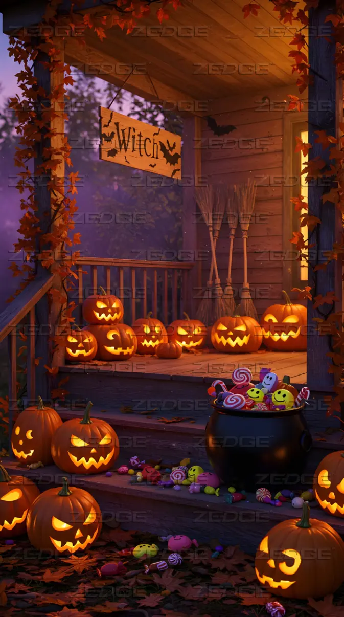 Witch House Halloween Decor with Glowing Pumpkins & Candy in Autumn wallpaper