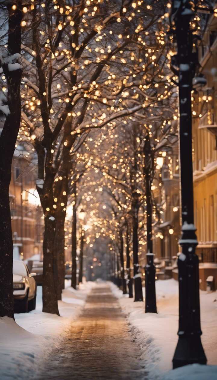 It's winter in a small town street, twinkling with soft golden holiday lights in the early evening. Wallpaper [f7729fbde0af4ee298f3]