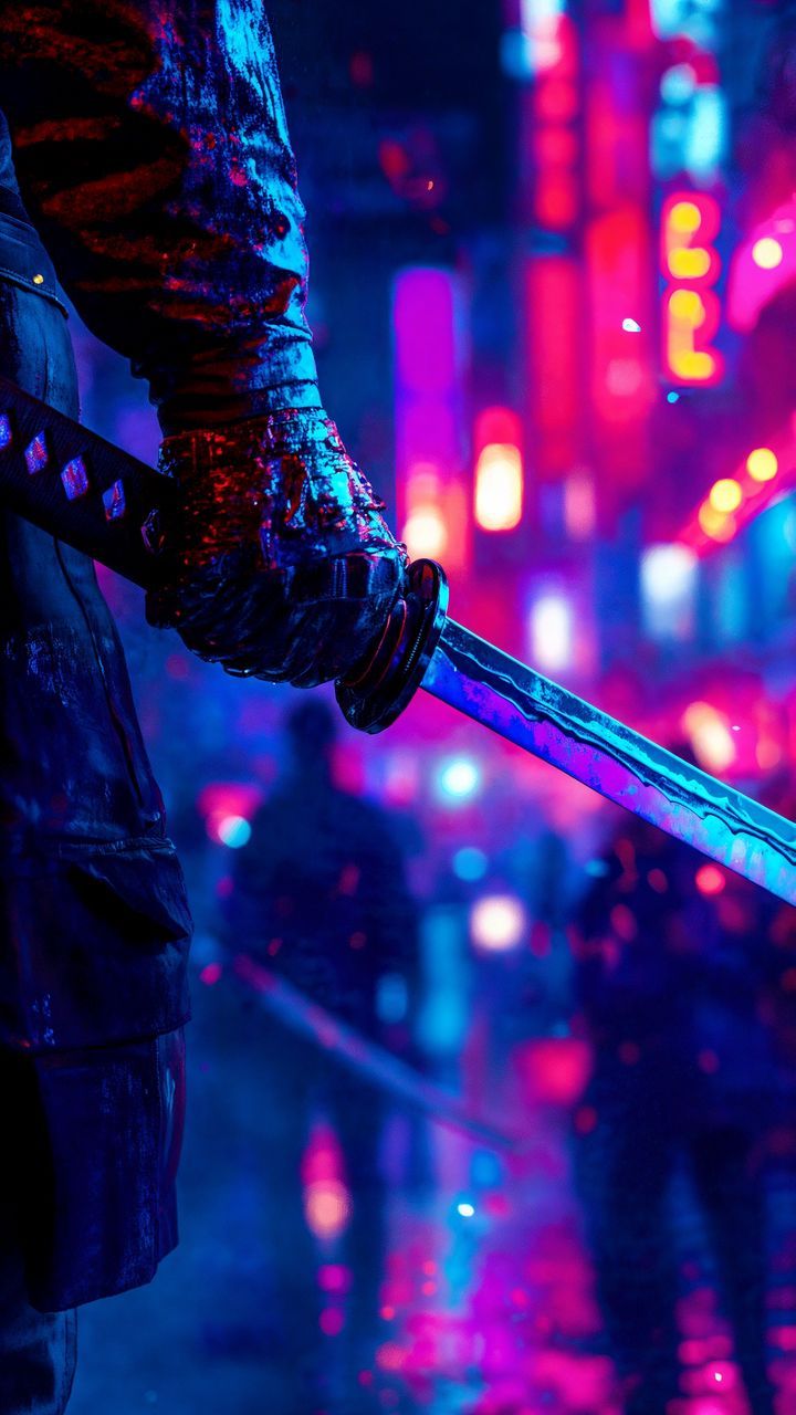 free 4K wallpaper samurai, katana, hand, neon, night, art by Lover of aesthetics