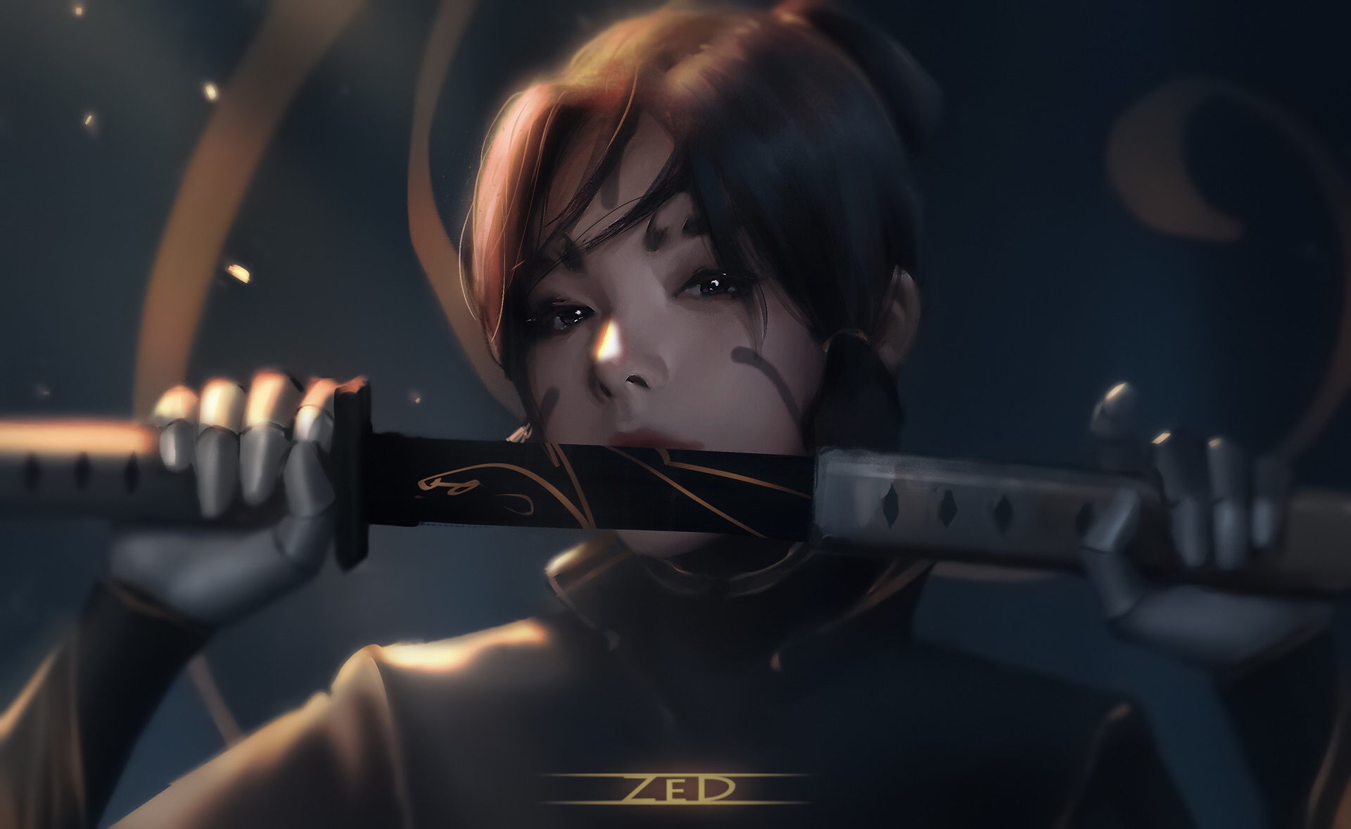 Wallpaper dark, girl, sword, fantasy, weapon, katana, samurai, artist for mobile and desktop, section фантастика, resolution 1920x1178