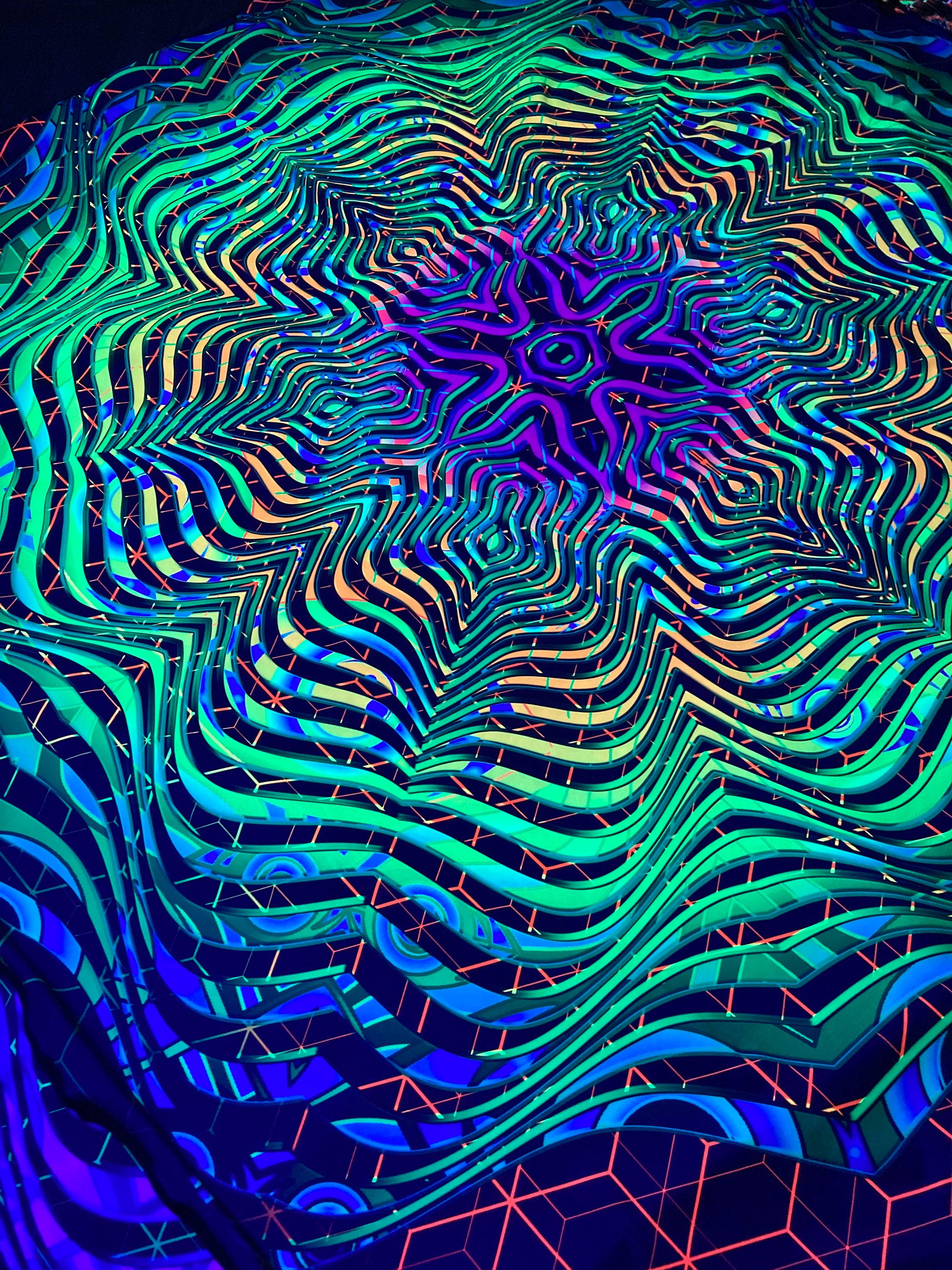 Spiritual lycra tapestry, flower optical, uv backdrop, forest spirit tapestry, esoteric visionary, art neon light synth, trippy art, psy