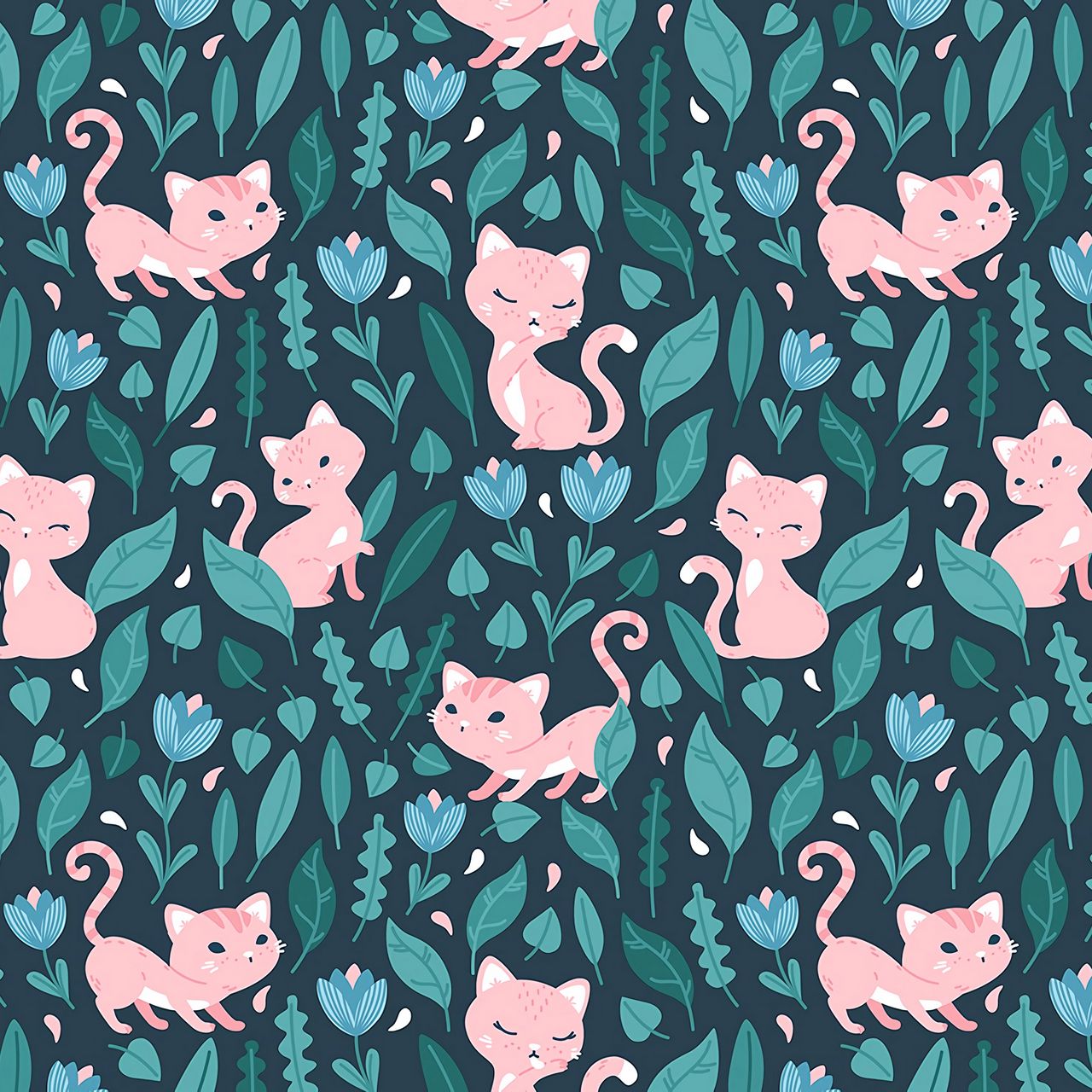 Download wallpaper 1280x1280 cat, cute, flowers, leaves, pattern ipad, ipad 2, ipad mini for parallax HD background