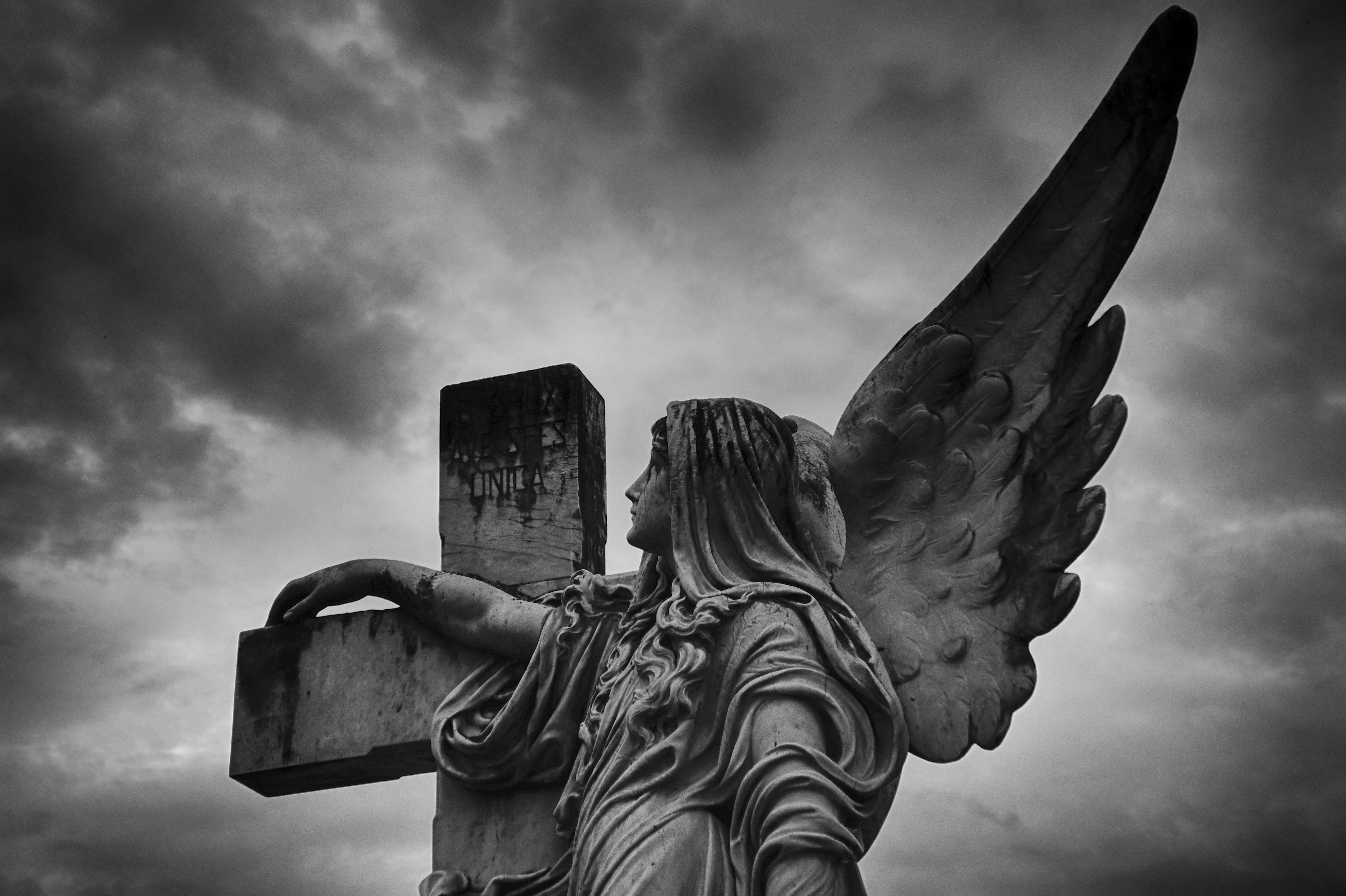 Free Image, wing, cloud, black and white, sky, monument, statue, religion, darkness, gothic, sculpture, angel, art, clouds, prayer, hell, cruz, angels, screenshot, el salvador, beliefs, fictional character, monochrome photography, computer wallpaper