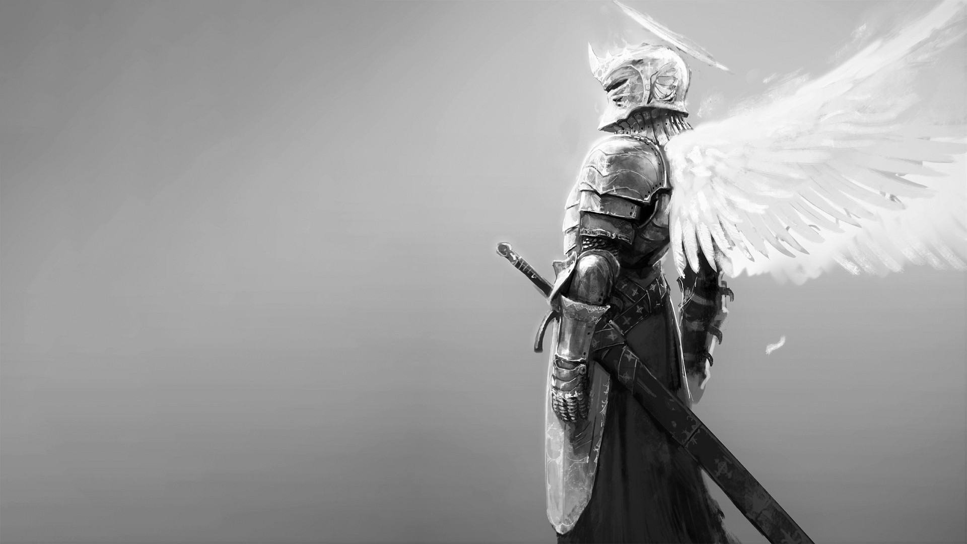 knight, Angel wings, Halo, Sword, Armor, Monochrome Wallpaper HD / Desktop and Mobile Background