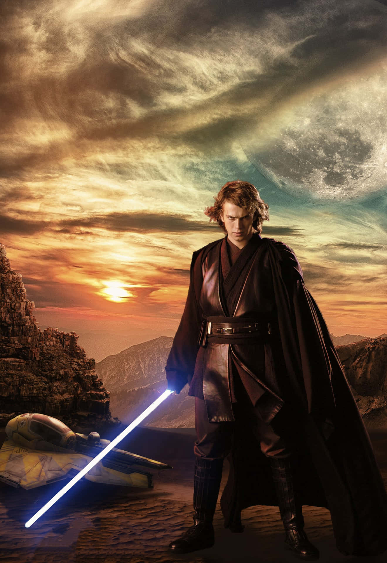 Download Anakin Skywalker With Lightsaberat Sunset Wallpaper