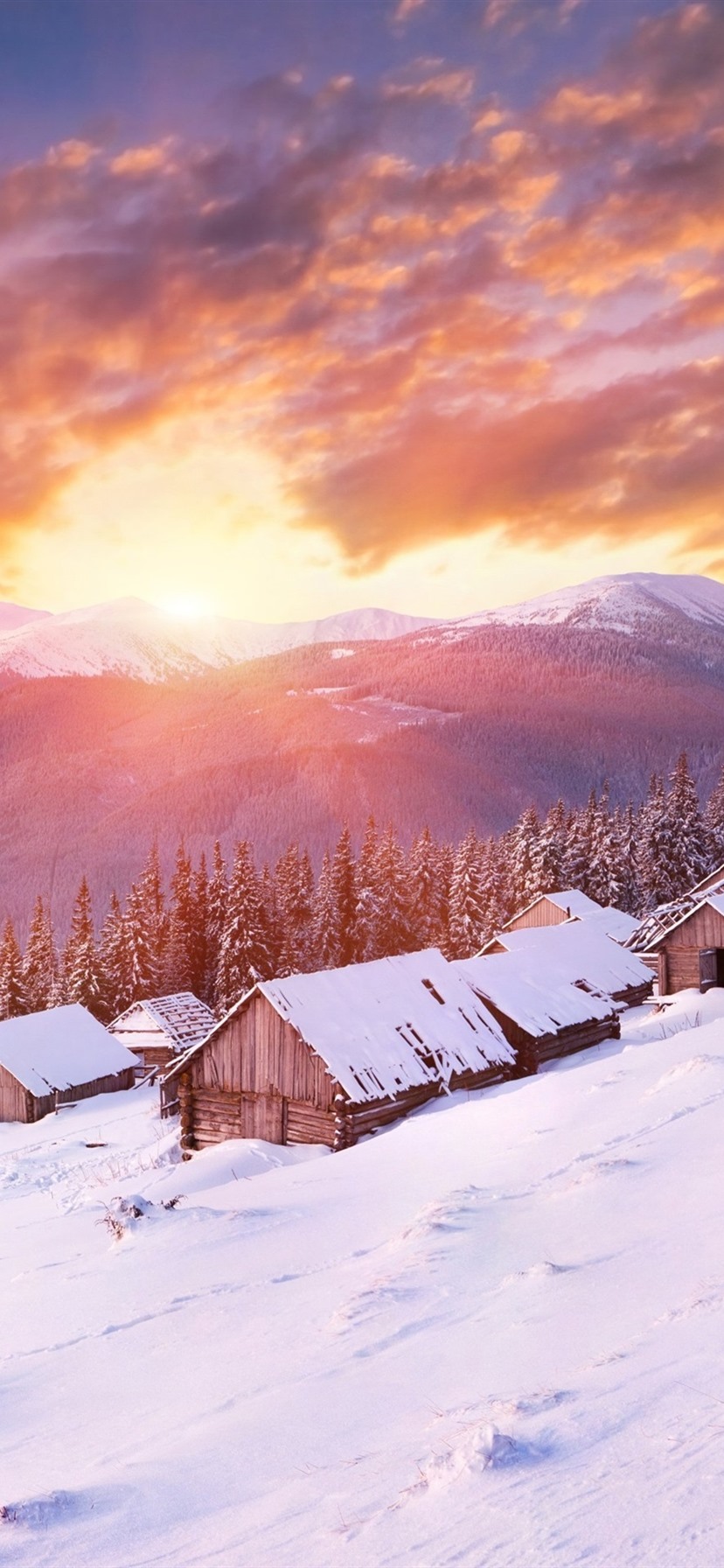Winter, Snow, Slope, Houses, Mountains, Clouds, Sunset 1080x1920 IPhone 8 7 6 6S Plus Wallpaper, Background, Picture, Image