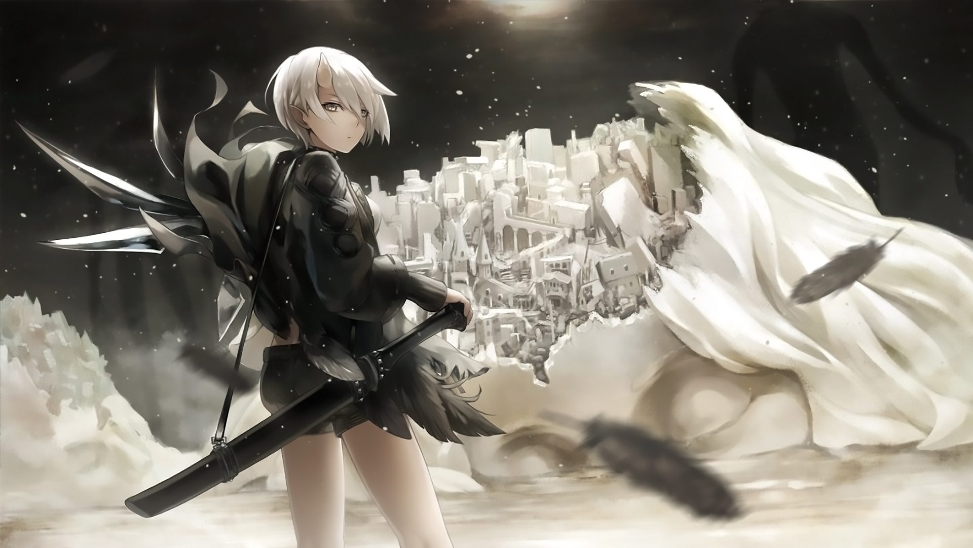 Phone wallpaper: Anime, Original, Feather, Short Hair, Sword, White Hair 864932