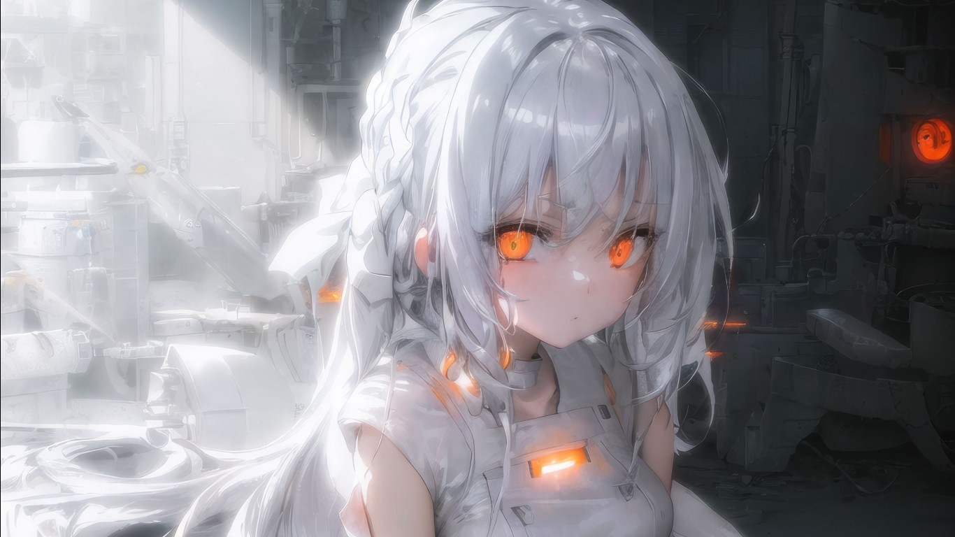 Orange Eyes White Hair Anime Girl Glow White Background 4K HD Anime Wallpaper