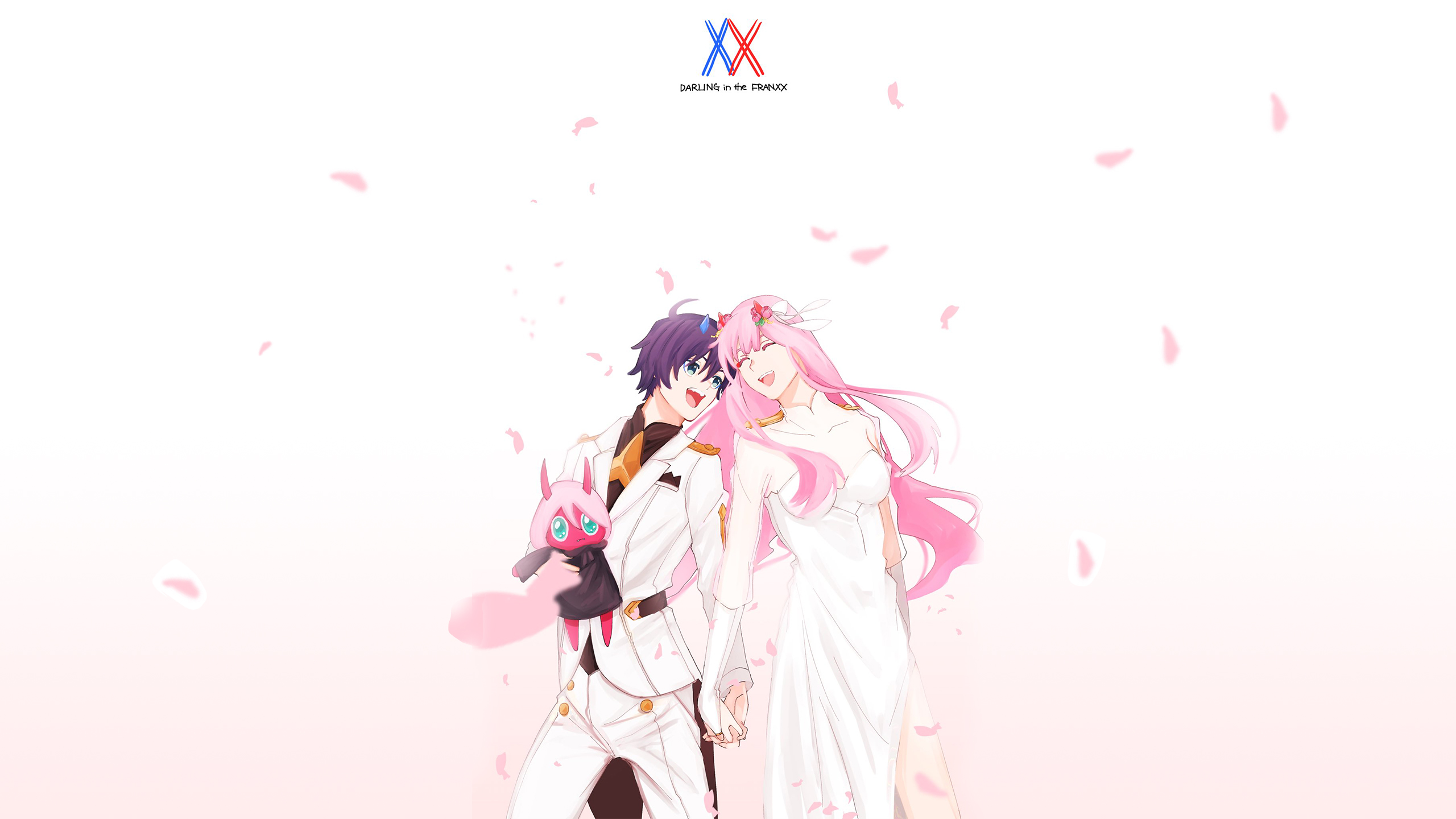 darling in the franxx zero two hiro with white background and pink petals HD anime Wallpaper
