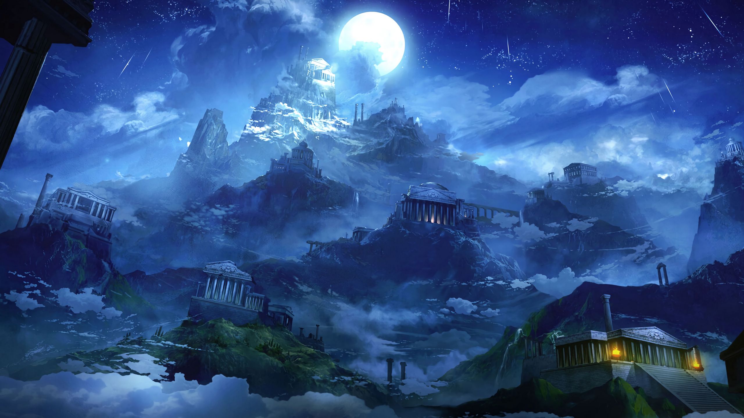 Download wallpaper 2560x1440 architecture, building, fantasy, moon, art widescreen 16:9 HD background