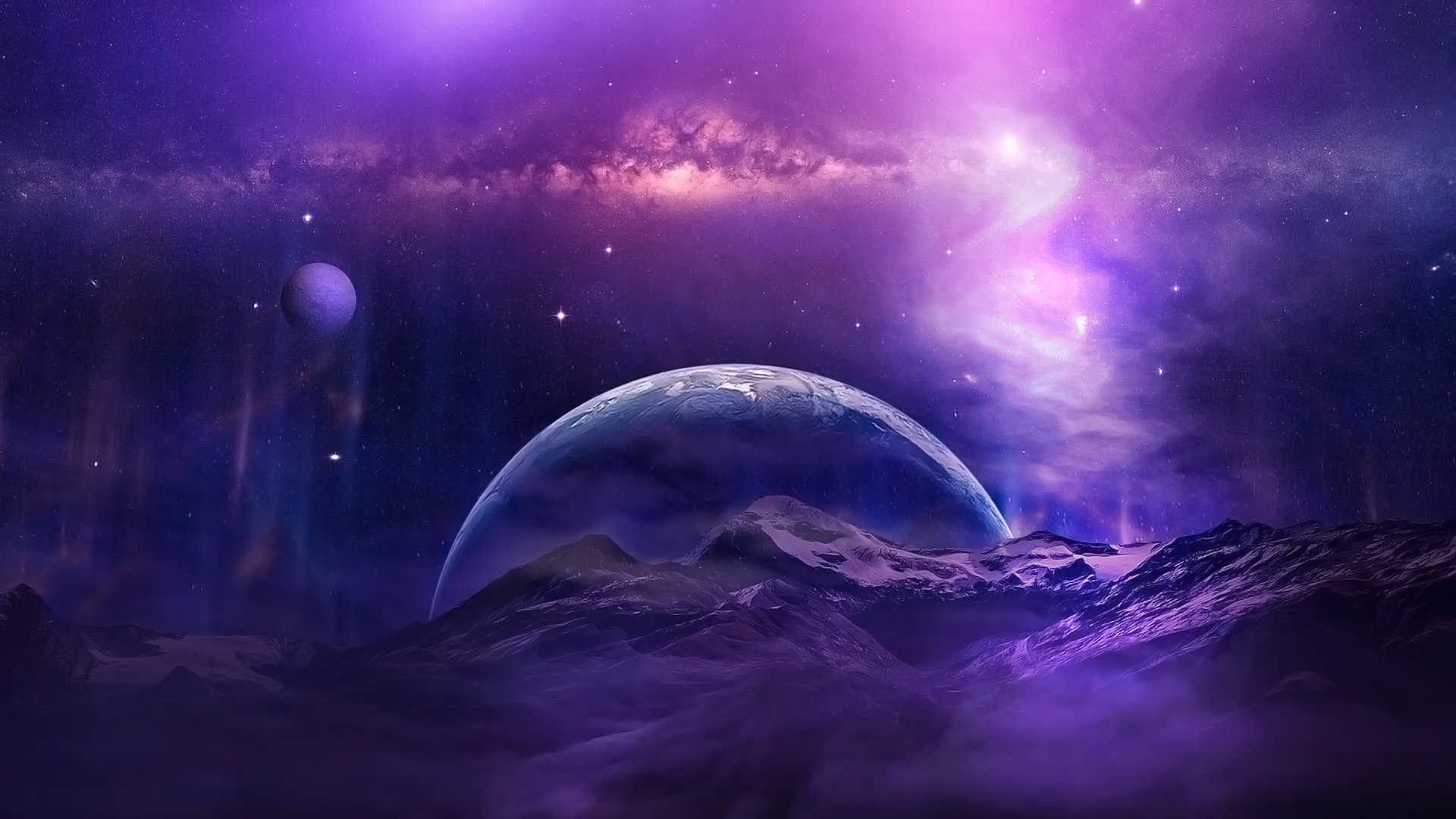 Galaxy Moon Mountain Night Planet Purple Sky Space Stars HD Galaxy Wallpaper