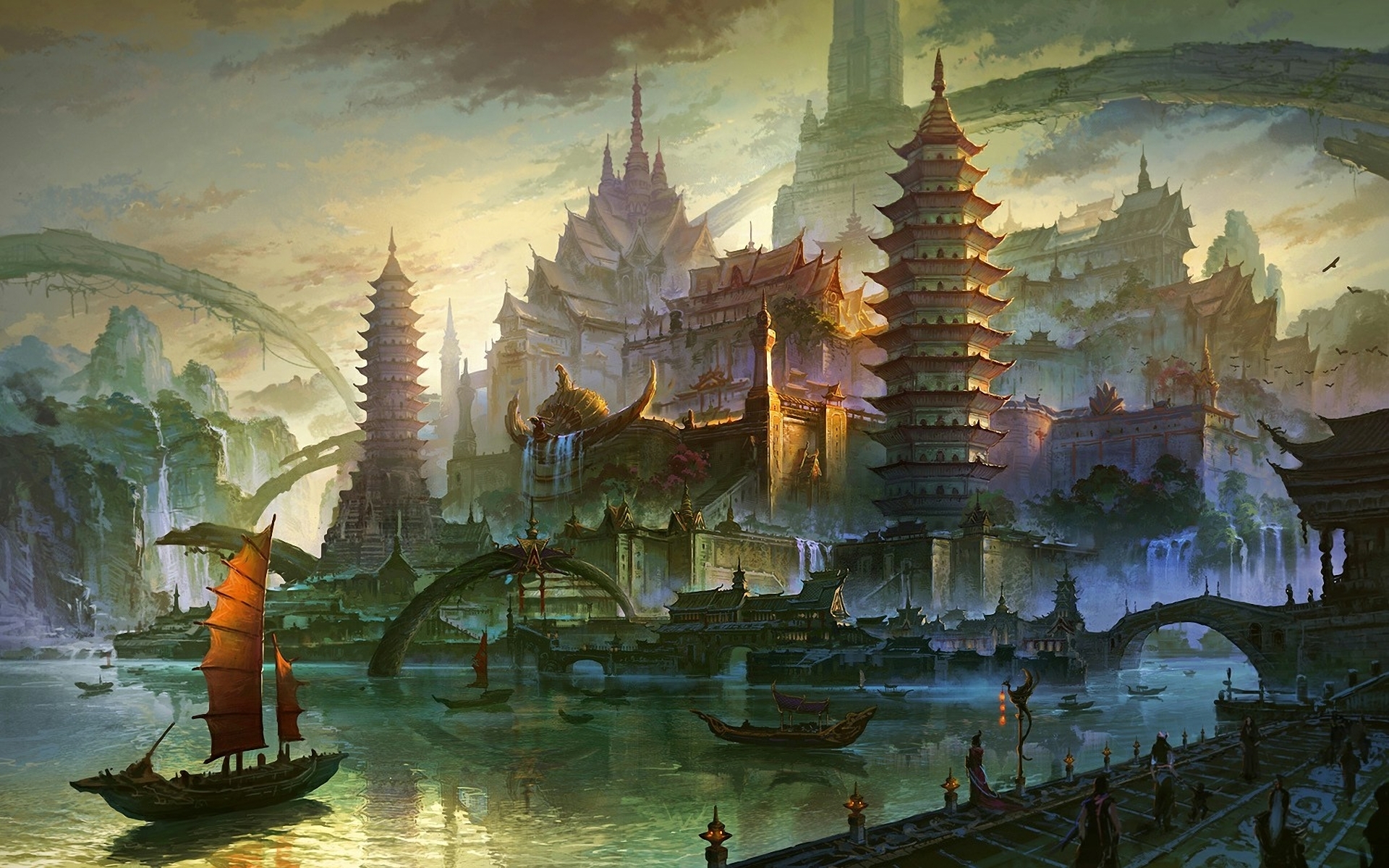 fantasy, Cities, Asian, Oriental, Architecture, Cg, Paintings, Digital art Wallpaper HD / Desktop and Mobile Background