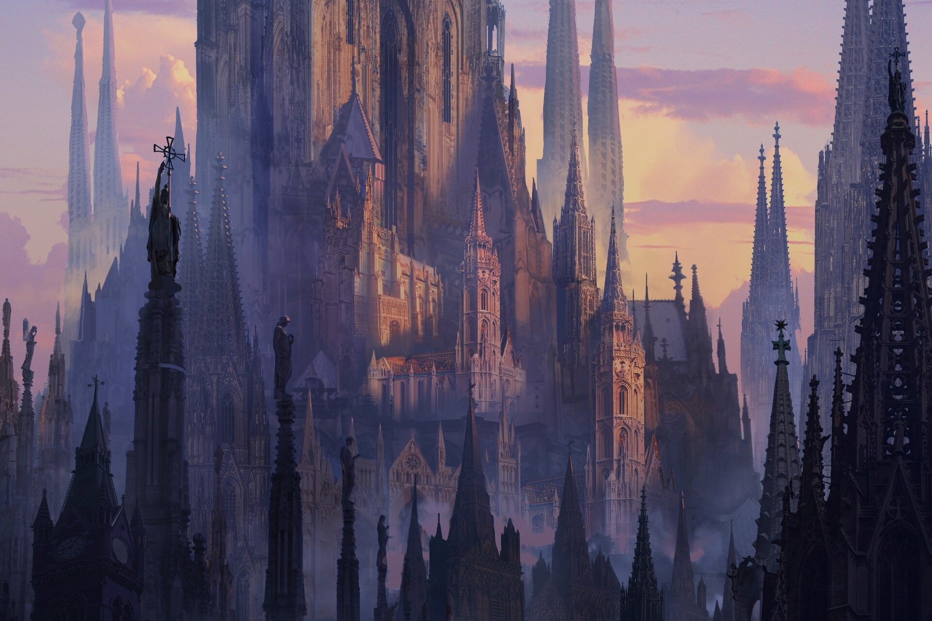 Fantasy Cathedral: Majestic Gothic Cityscape HD Wallpaper