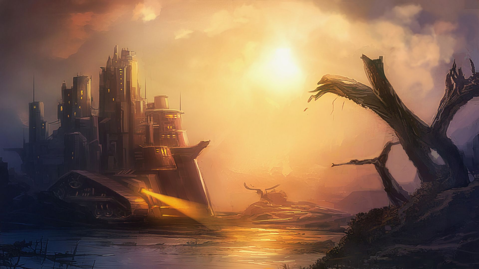 Download wallpaper 1920x1080 castle, architecture, sunset, fantasy, art full hd, hdtv, fhd, 1080p HD background