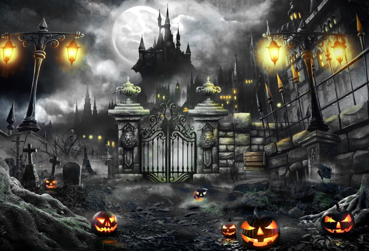 Amazon.com, 7X5ft Horror Halloween Photography Background Evil Pumpkin Head Horror Castle Full Moon Hell Gate Backdrop for Halloween Party Decoration